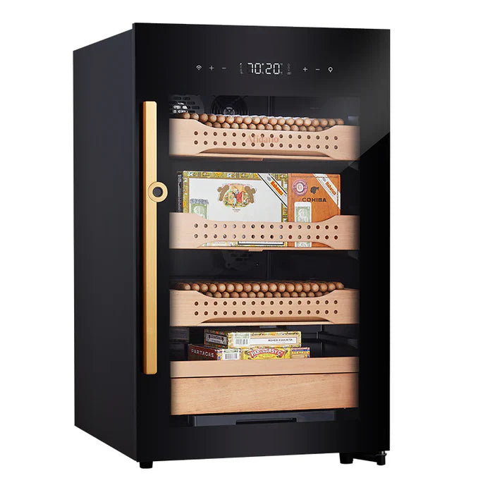 Luxury humidifier cabinet with black steel exterior and digital controls