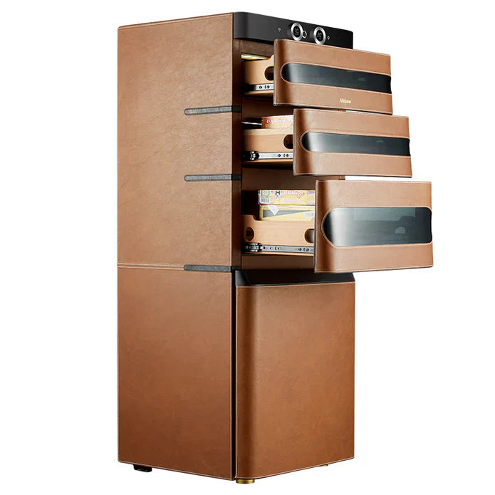 Light brown wood humidifier cabinet with open drawers