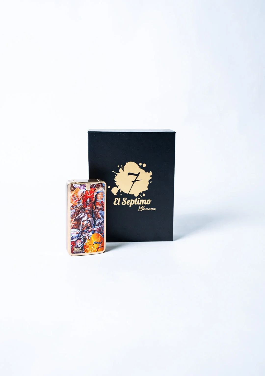 Emperor Vartan Triple Torch Lighter next to black cigar box with El Septimo Geneva in gold letters