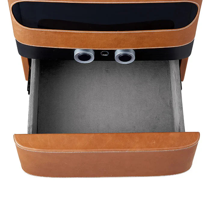 brown wooden humidor with electric controls and deep drawers