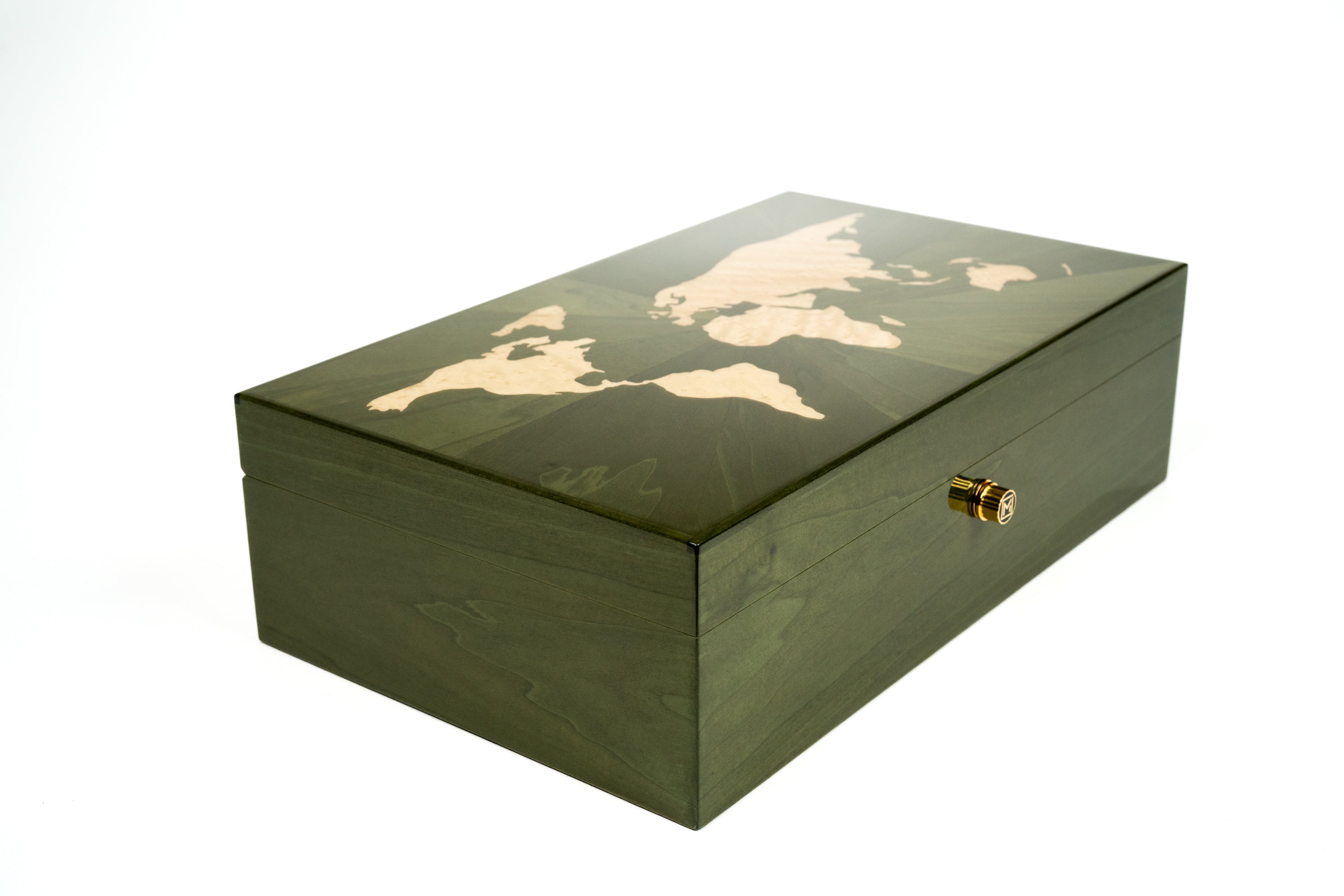 Maccarrone® World Map Camouflage Humidor featuring a green box with gold