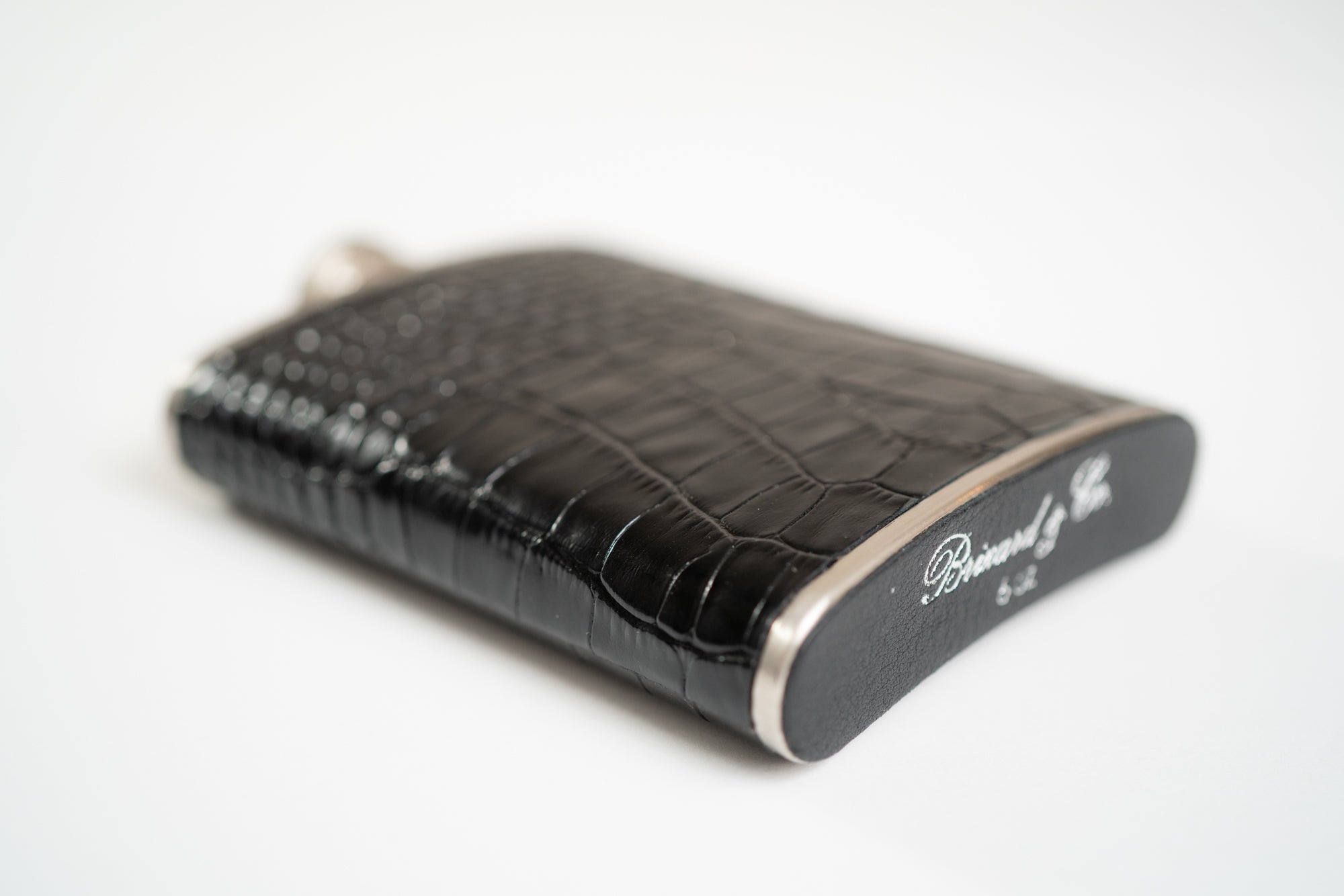 brizard and co black leather luxury flask side view