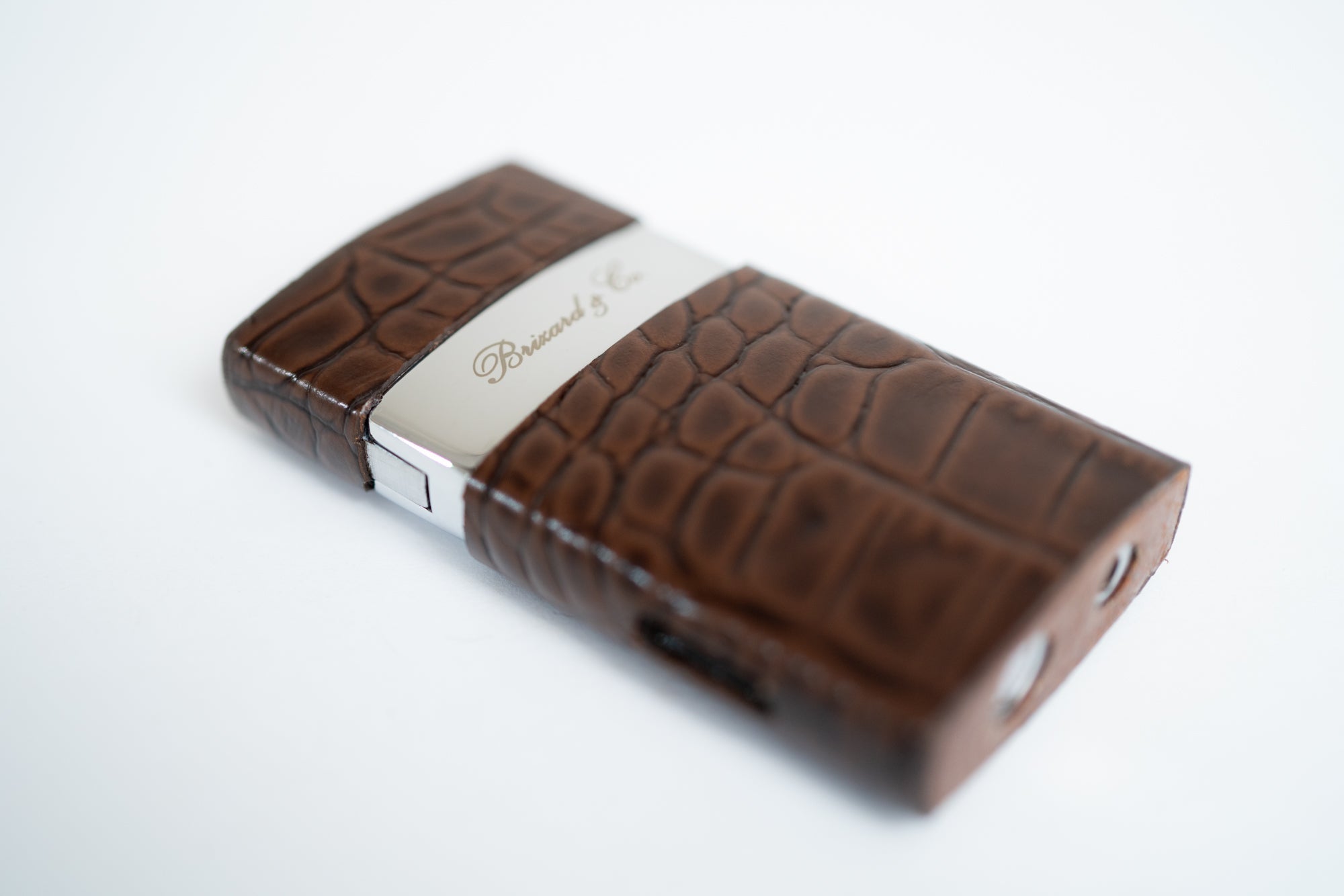Side view of brown and silver Brizard & Co. Venezia Lighter – Fountain Flame Croco Tobacco