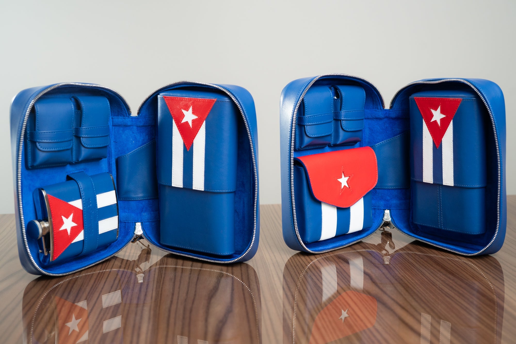 The Havana Traveler is meticulously handcrafted from the finest top grain leather and lined with rich suede featuring the Cuban flag on each accessory.