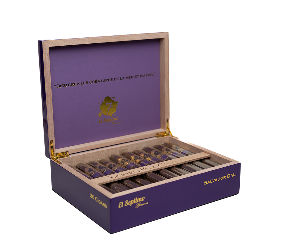 The Salvador Dali cigar in a purple and gold luxury cigar box