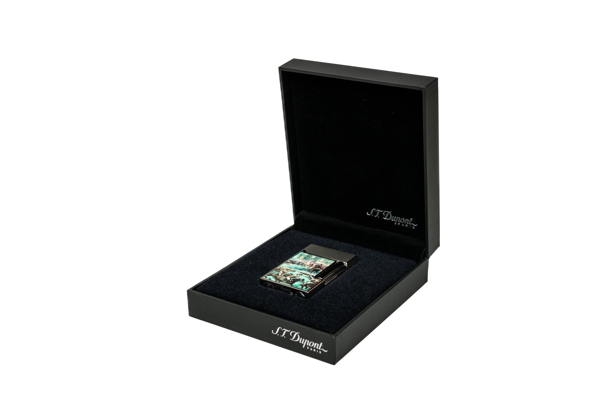 Black cigar box with luxury and high end cigar lighter and velvet interior with silver letters that read S.T. Dupont