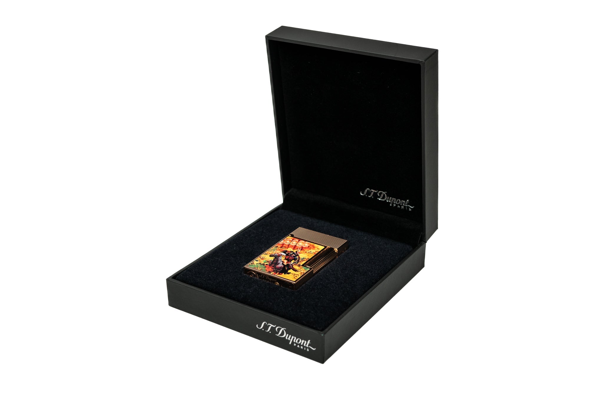 Luxury black cigar box with velvet finish on the inside holding an Emperor Yao gold cigar lighter
