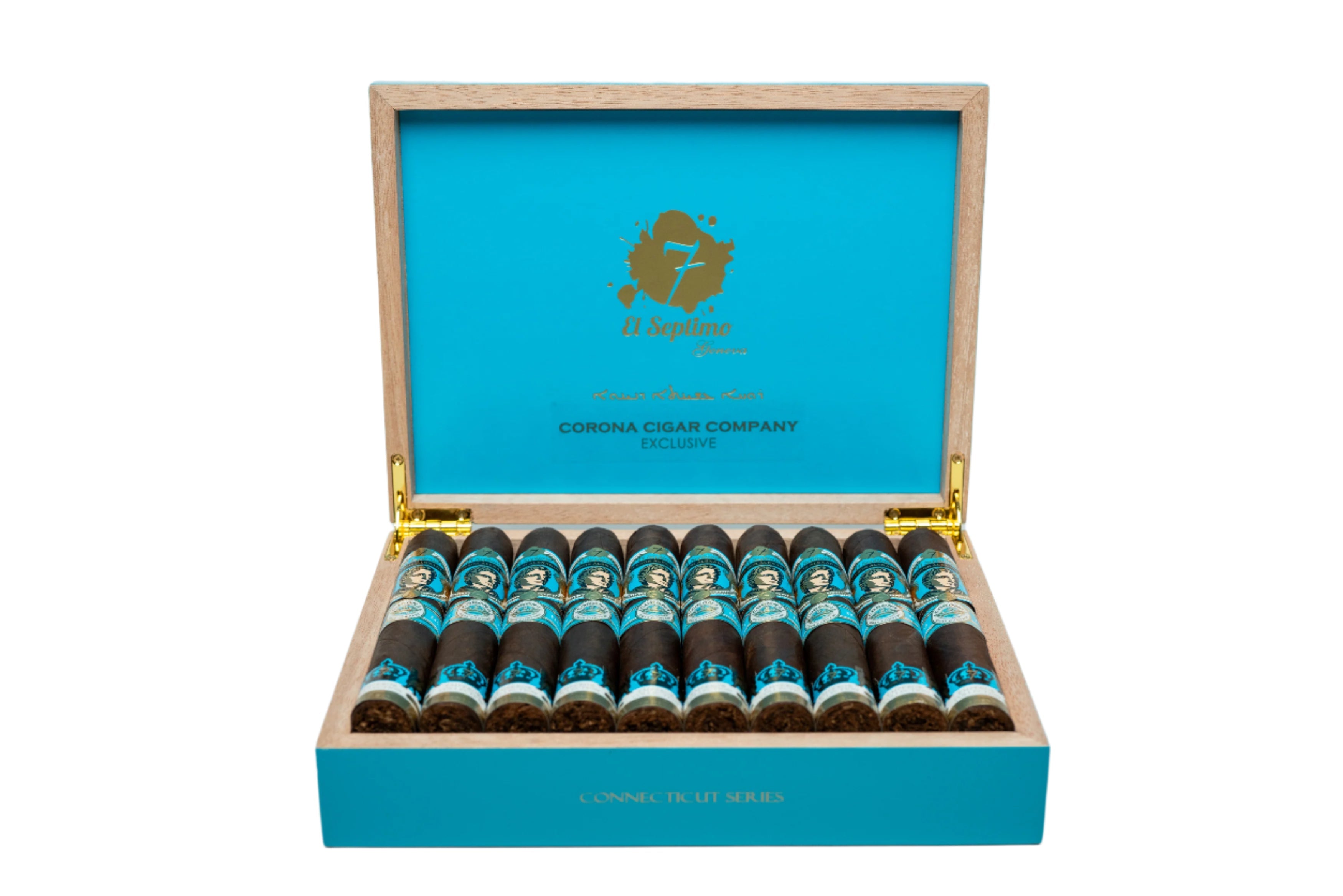light blue cigar box with gold letters with 10 premium cigars