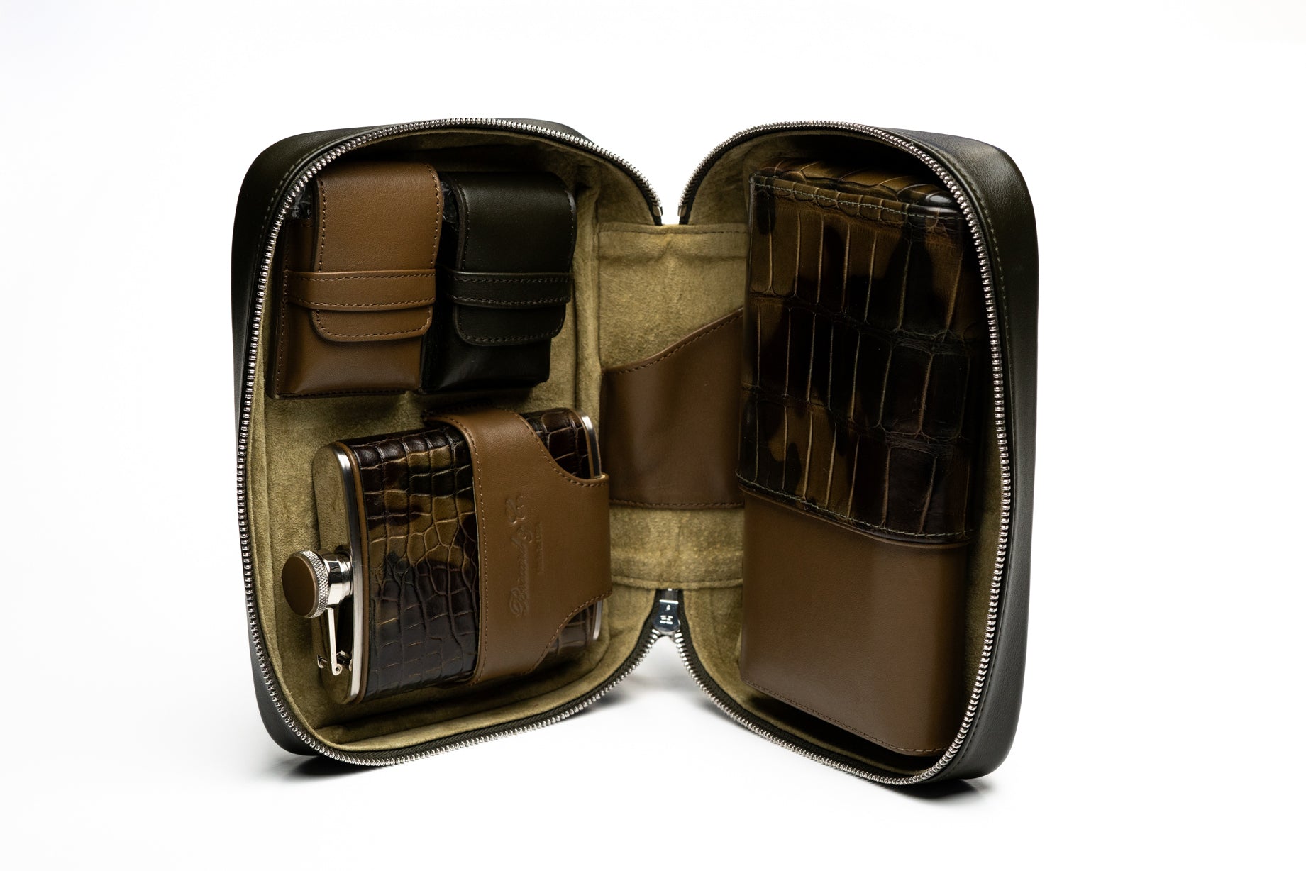 luxury cigar accessories includes alligator skin case and flask