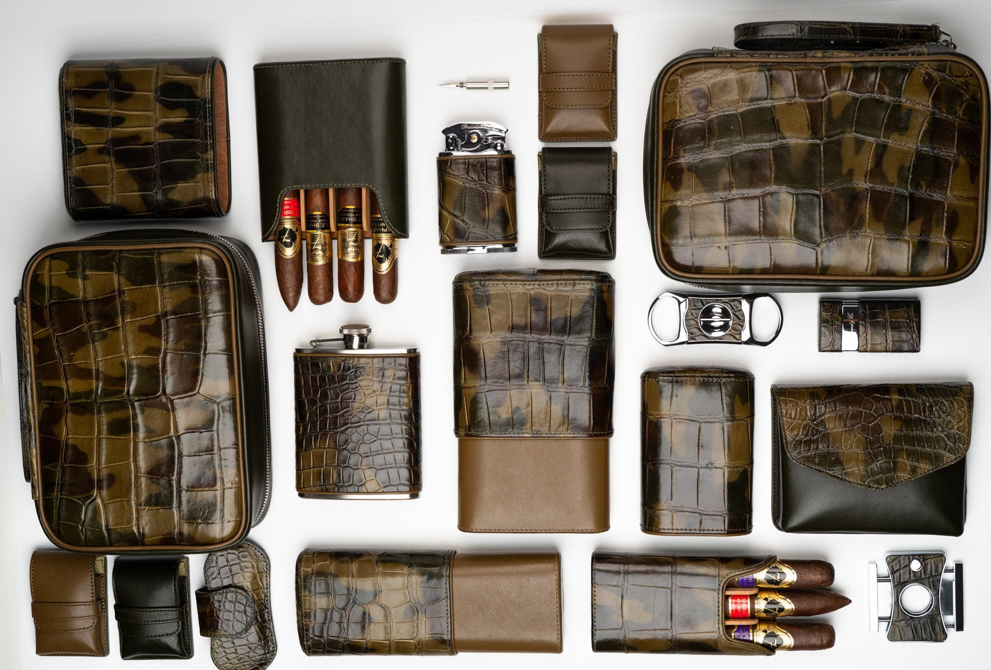 Brizard & Co. Havana Traveler – The Ultimate in Luxury Cigar Accessories to Two 5-cigar cedar lined cases with 4 solid Spanish cedar dividers, 6oz Flask,  leather pouches, Gatsby Lighter, Venezia lighter, 2 luxury cigar cutters