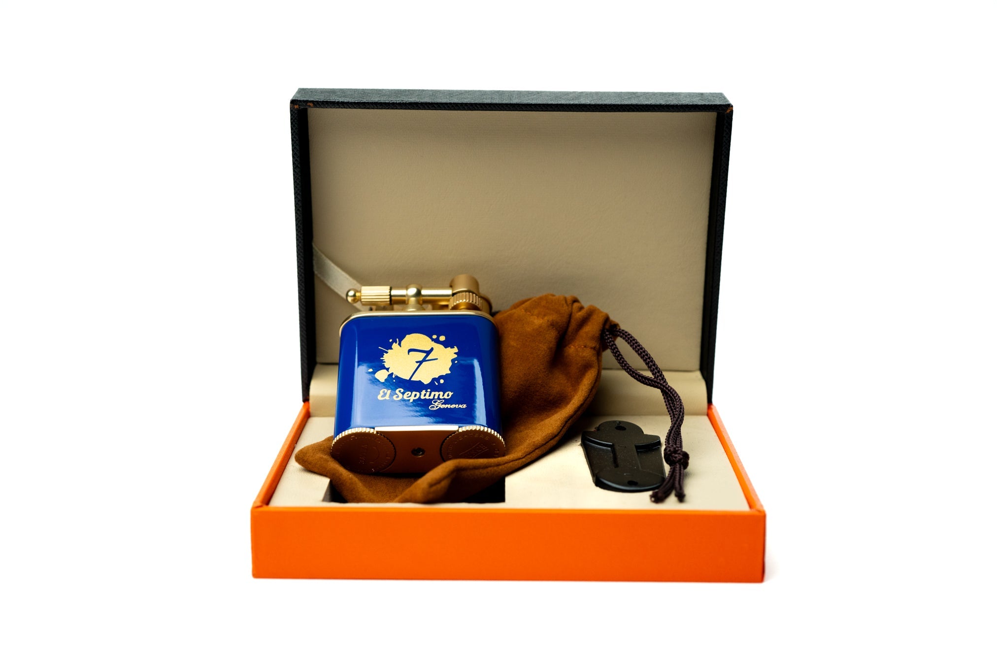 blue and gold  El Septimo Double Jet Torch Lighter & Punch in a black and orange box with a velvet pouch
