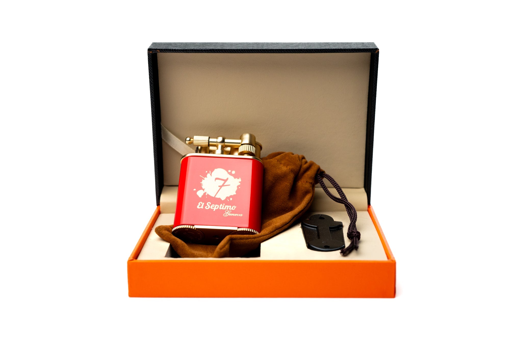 red and white El Septimo Double Jet Torch Lighter & Punch in a black and orange box with a velvet pouch