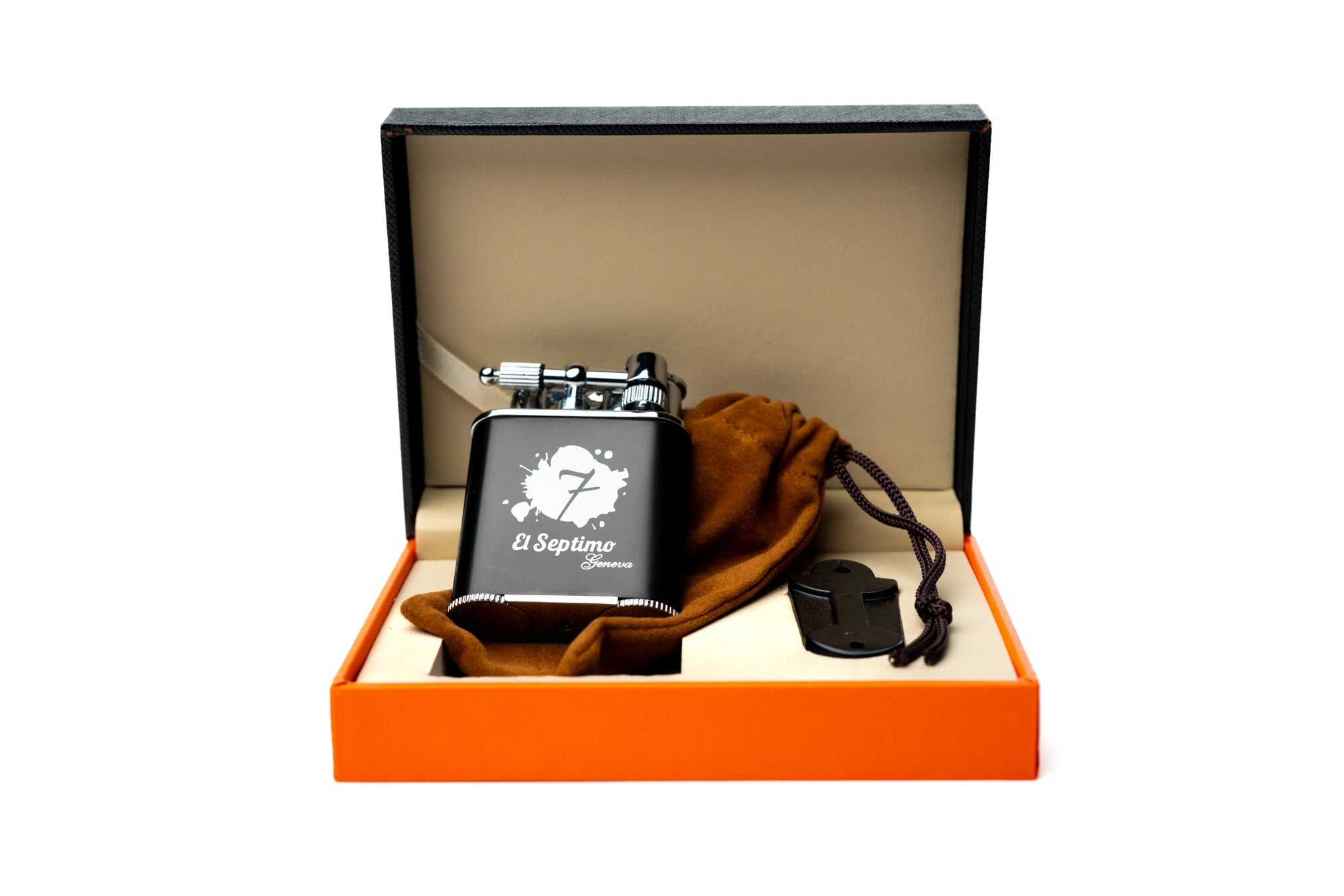 black and silver El Septimo Double Jet Torch Lighter & Punch in a black and orange box with a velvet pouch