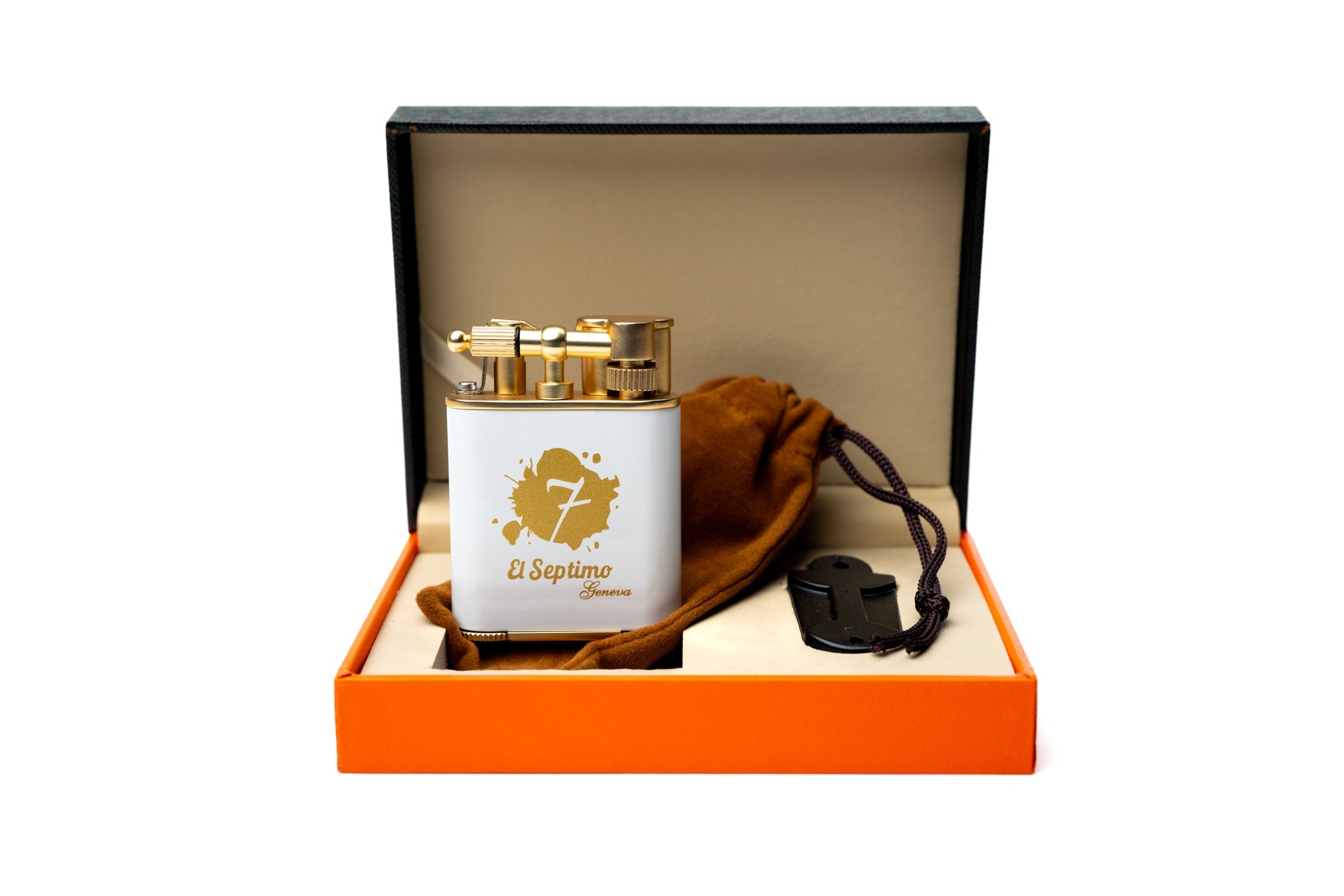 white and gold  El Septimo Double Jet Torch Lighter & Punch in a black and orange box with a velvet pouch