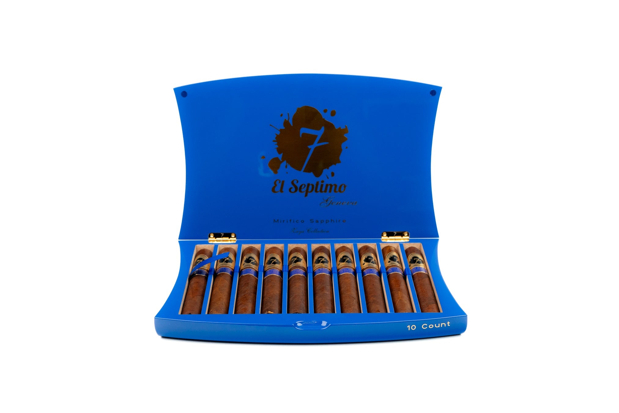 10 count of El Septimo Mirifico Sapphire premium cigars in a beautiful sapphire and gold box