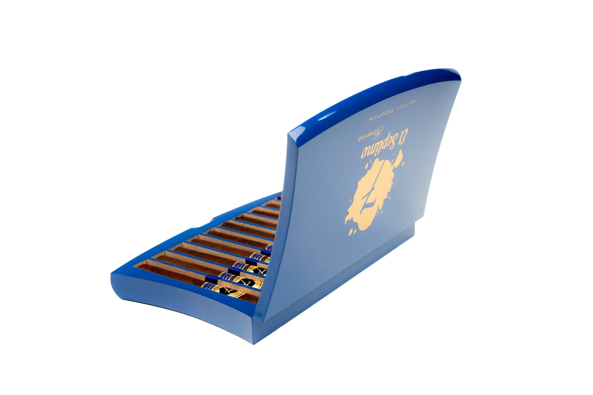 side view of blue and gold cigar box
