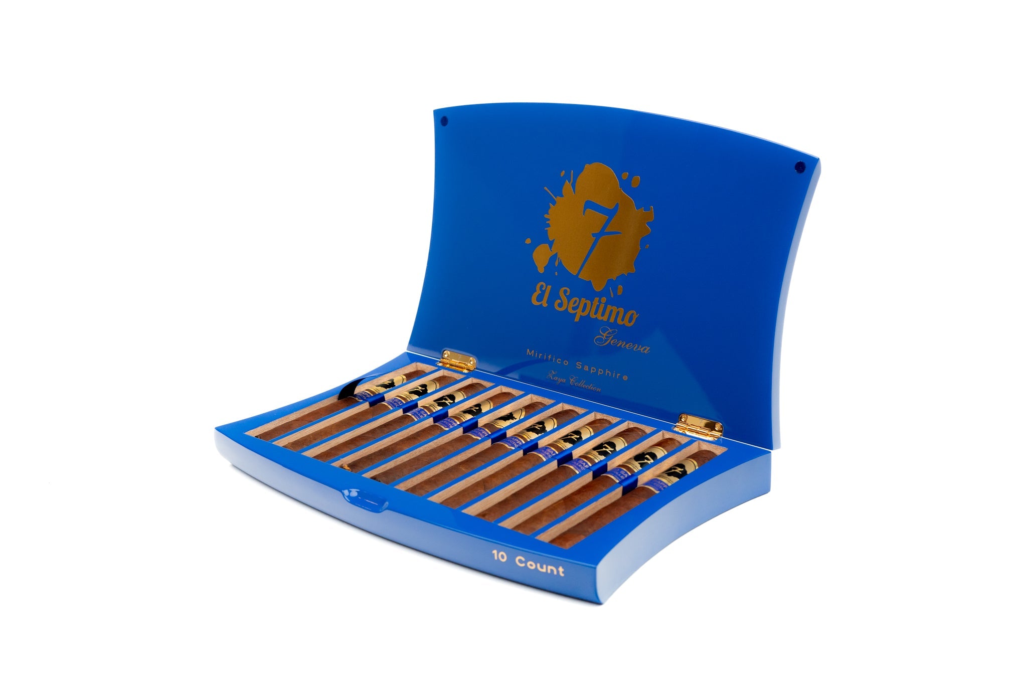 blue and gold El Septimo Mirifico Sapphire cigar box with 10 high end handmade cigars.