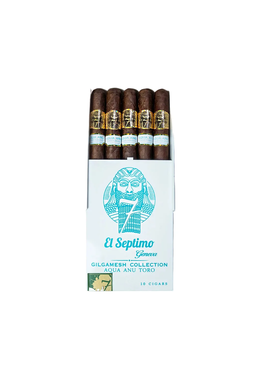 an open light blue and white box of 10 El Septimo Aqua Anu Toro cigars