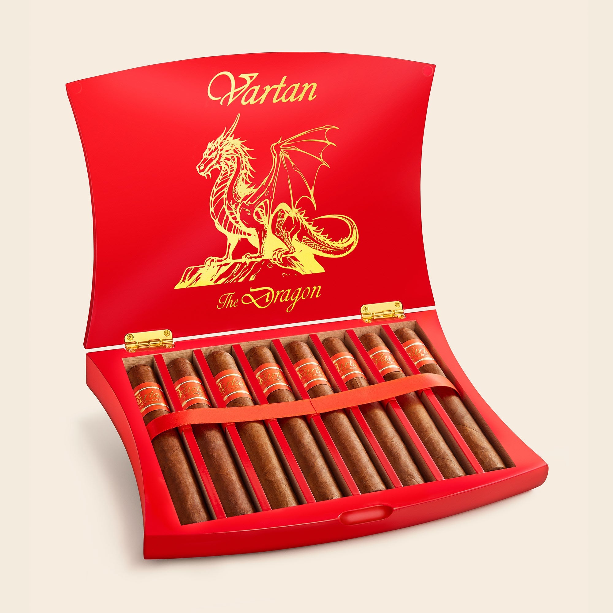 Vartan The Dragon A Bold & Luxurious Premium Cigar in a red box with gold letters and a gold dragon.