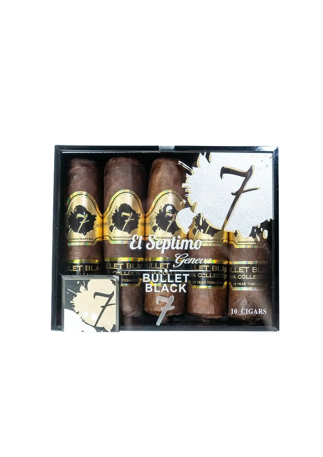 Box of 10 handcrafted bullet black cigars with gold and black labels in a black El Septimo box with white font.