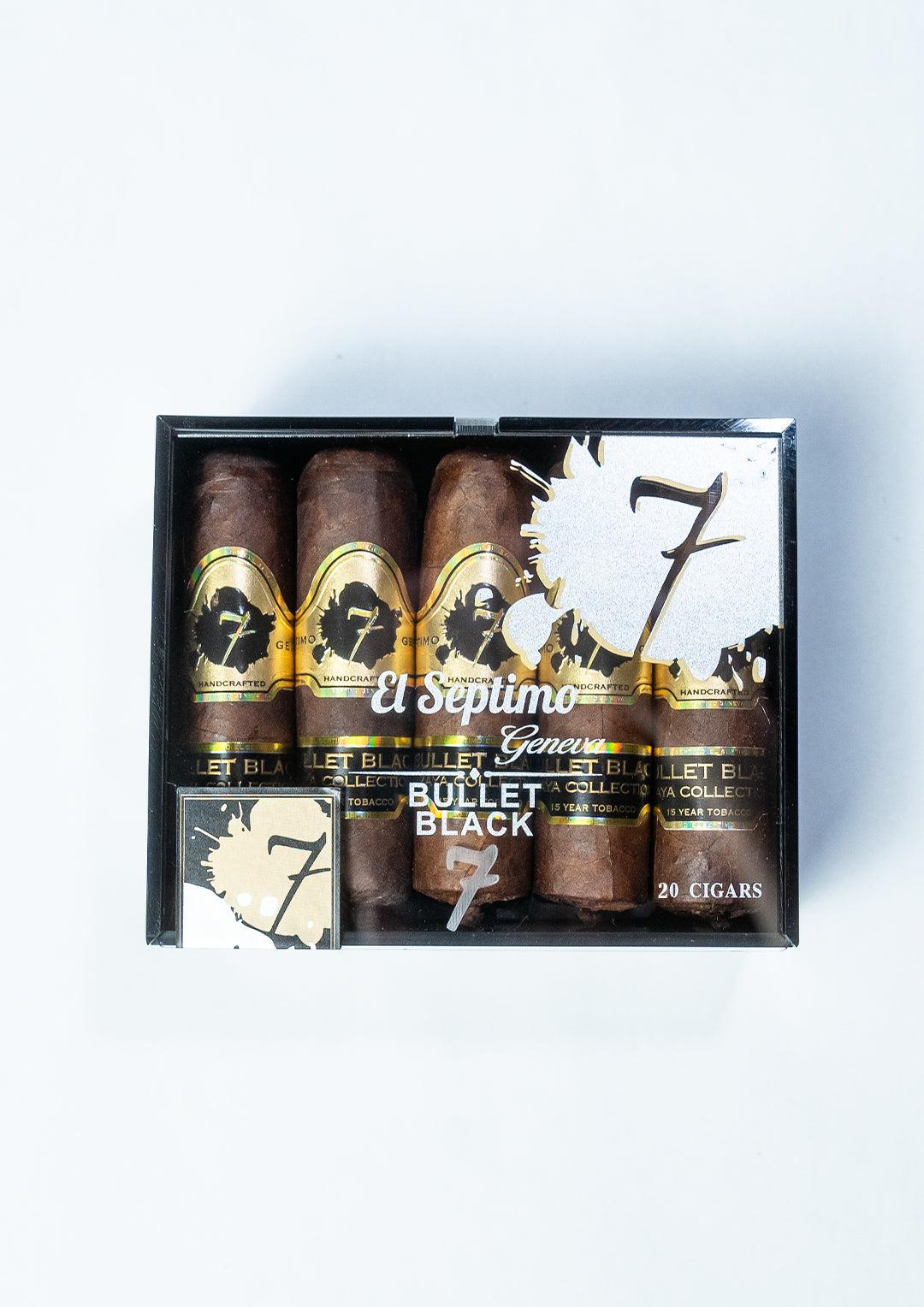 Box of 20 handcrafted bullet black cigars with gold and black labels in a black El Septimo box with white font.