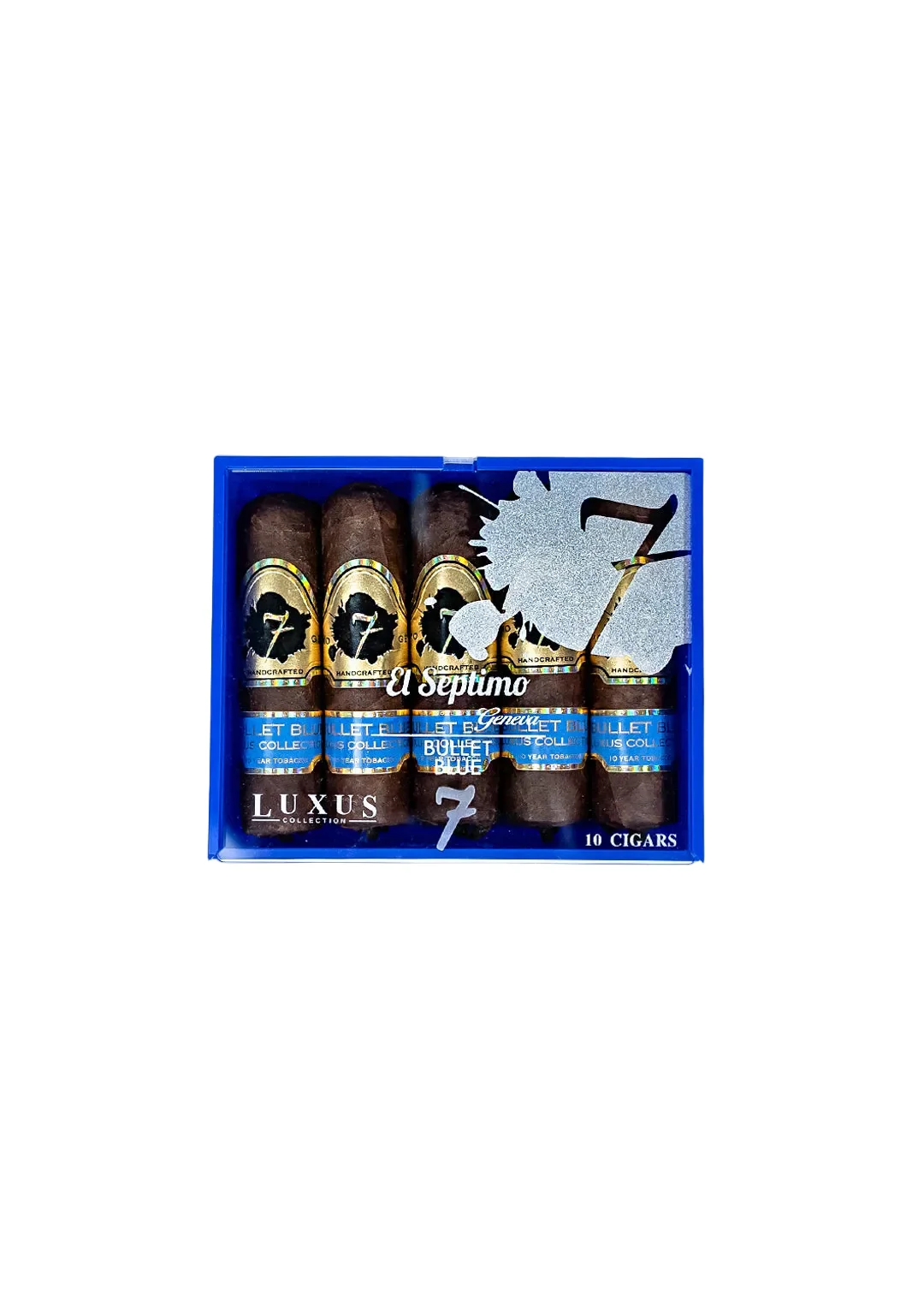 Clear box of of white text containing 10 El Septimo Bullet Blue cigars