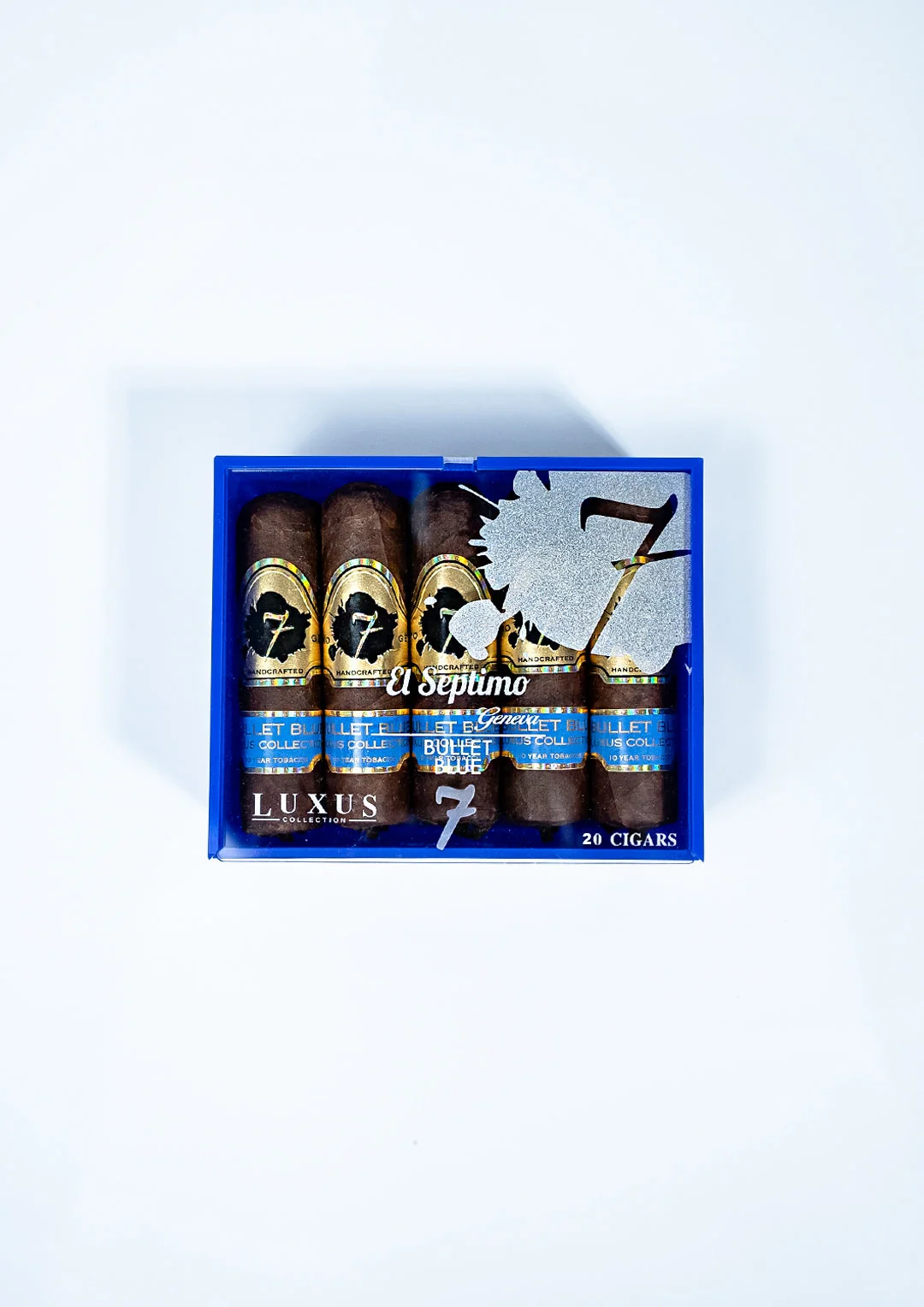 Clear box of of white text containing 20 El Septimo Bullet Blue cigars