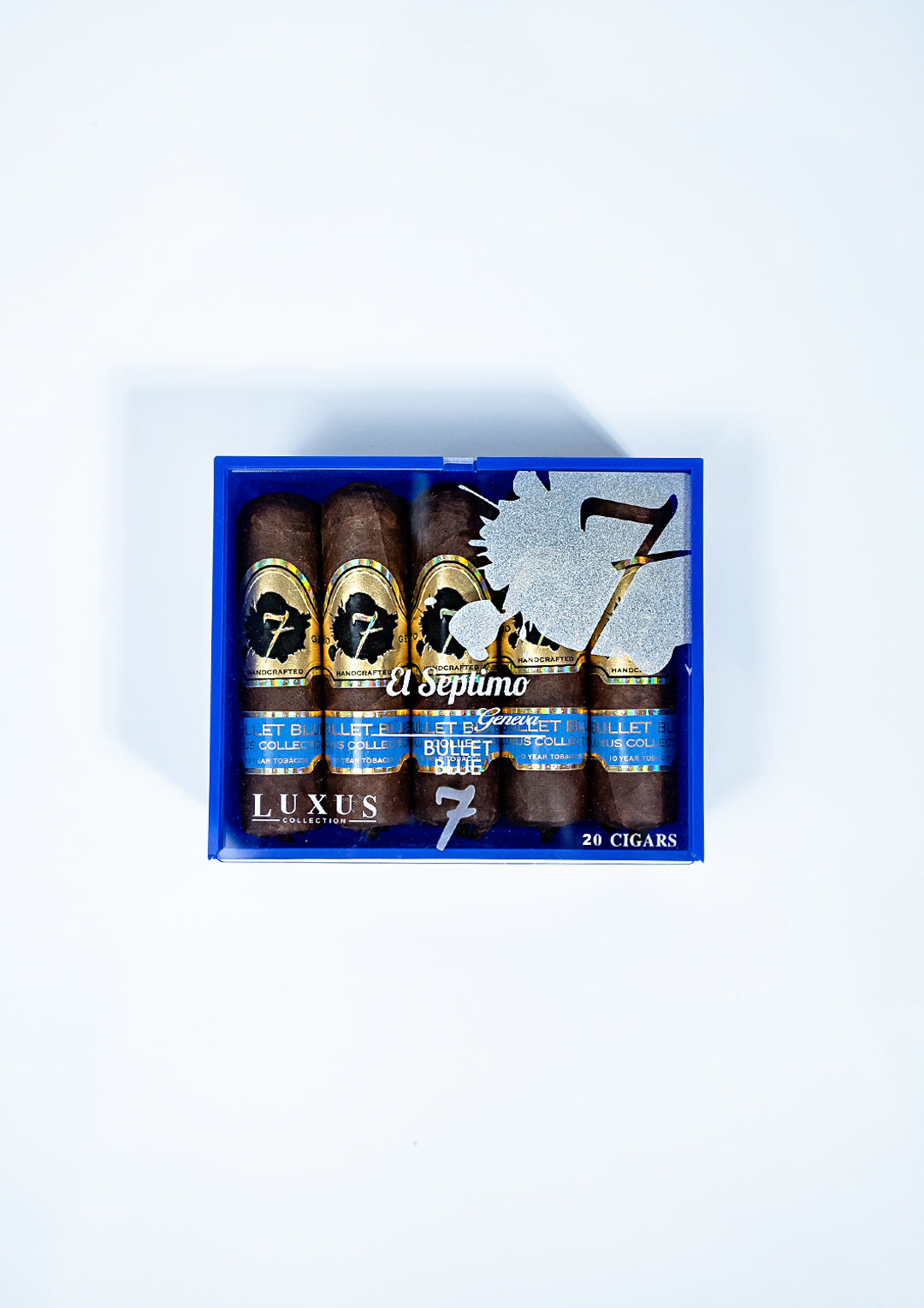 Clear box of of white text containing 20 El Septimo Bullet Blue cigars
