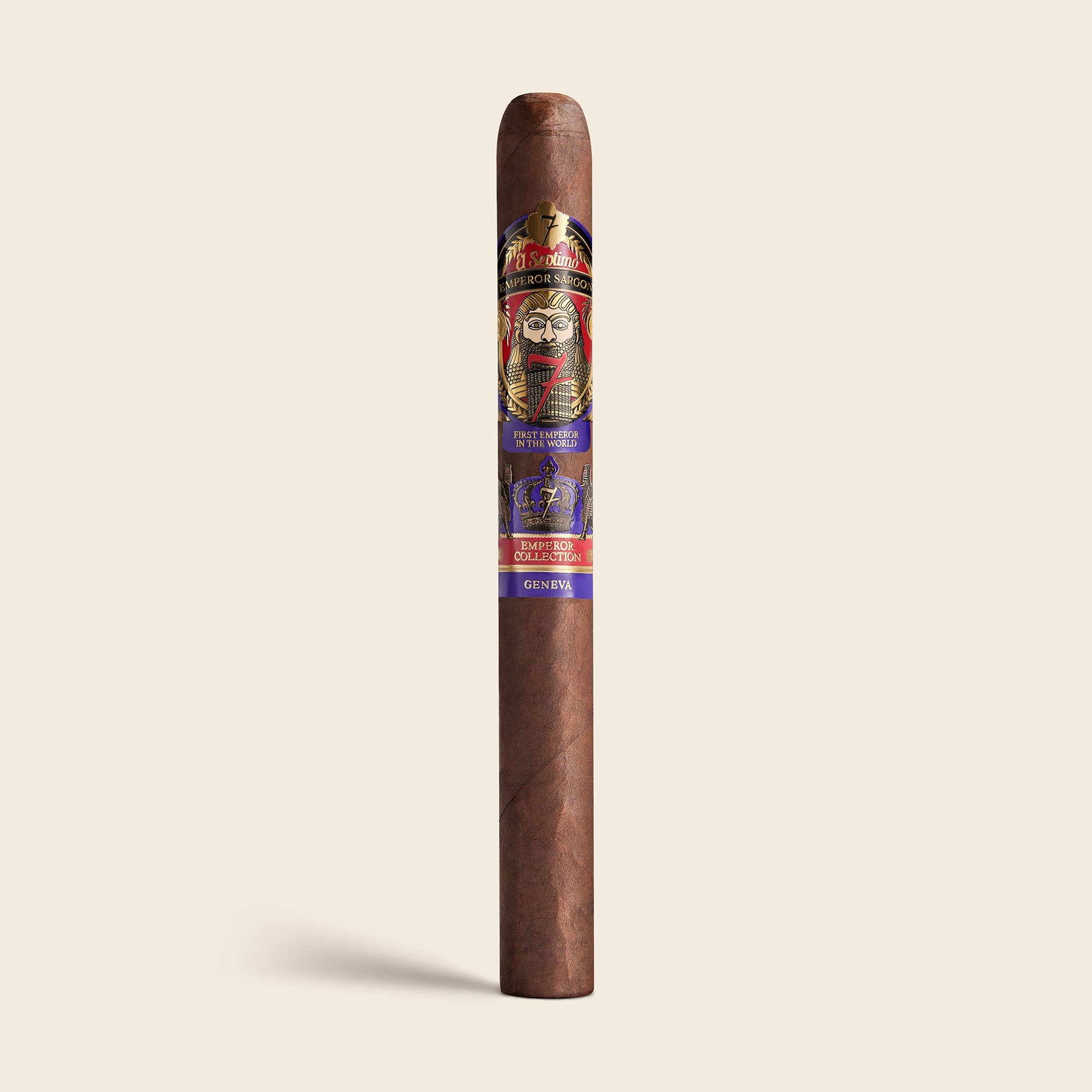 El Septimo King Sargon Maduro Churchill. Long slender dark brown cigar with a wrapper that is purple, gold, black and red with an illustration of emperor sargon.
