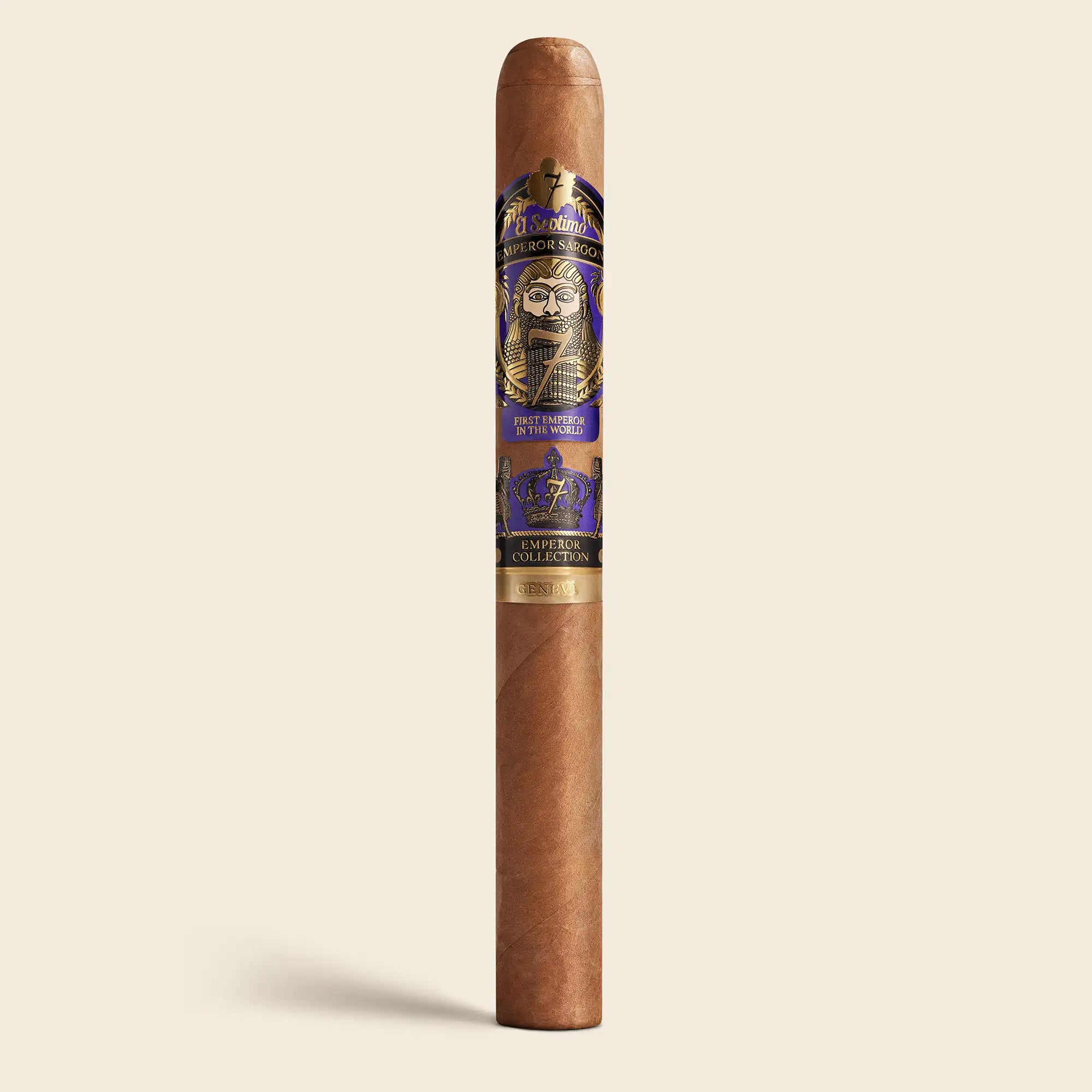 El Septimo King Sargon Connecticut Churchill. A brown cigar wrapped in a purple, gold and black label with an illustration of Emperor Sargon