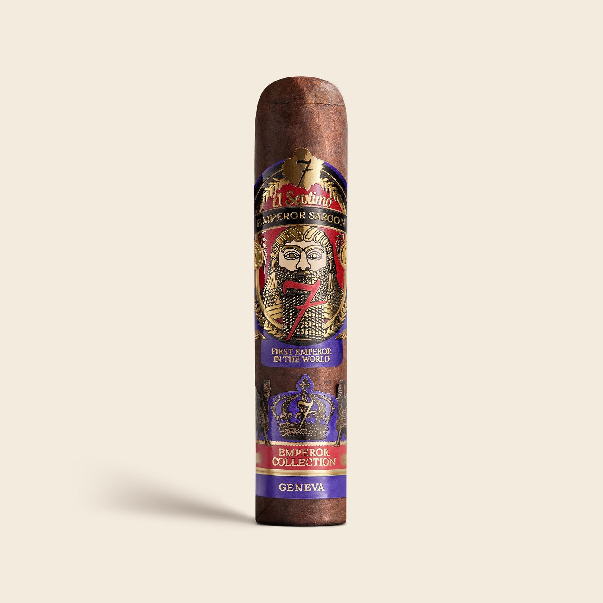 King Sargon Maduro Robusto is wrapped in a flawless, dark Maduro leaf with a label that is purple, gold, red and black with an image of Emperor Sargon.