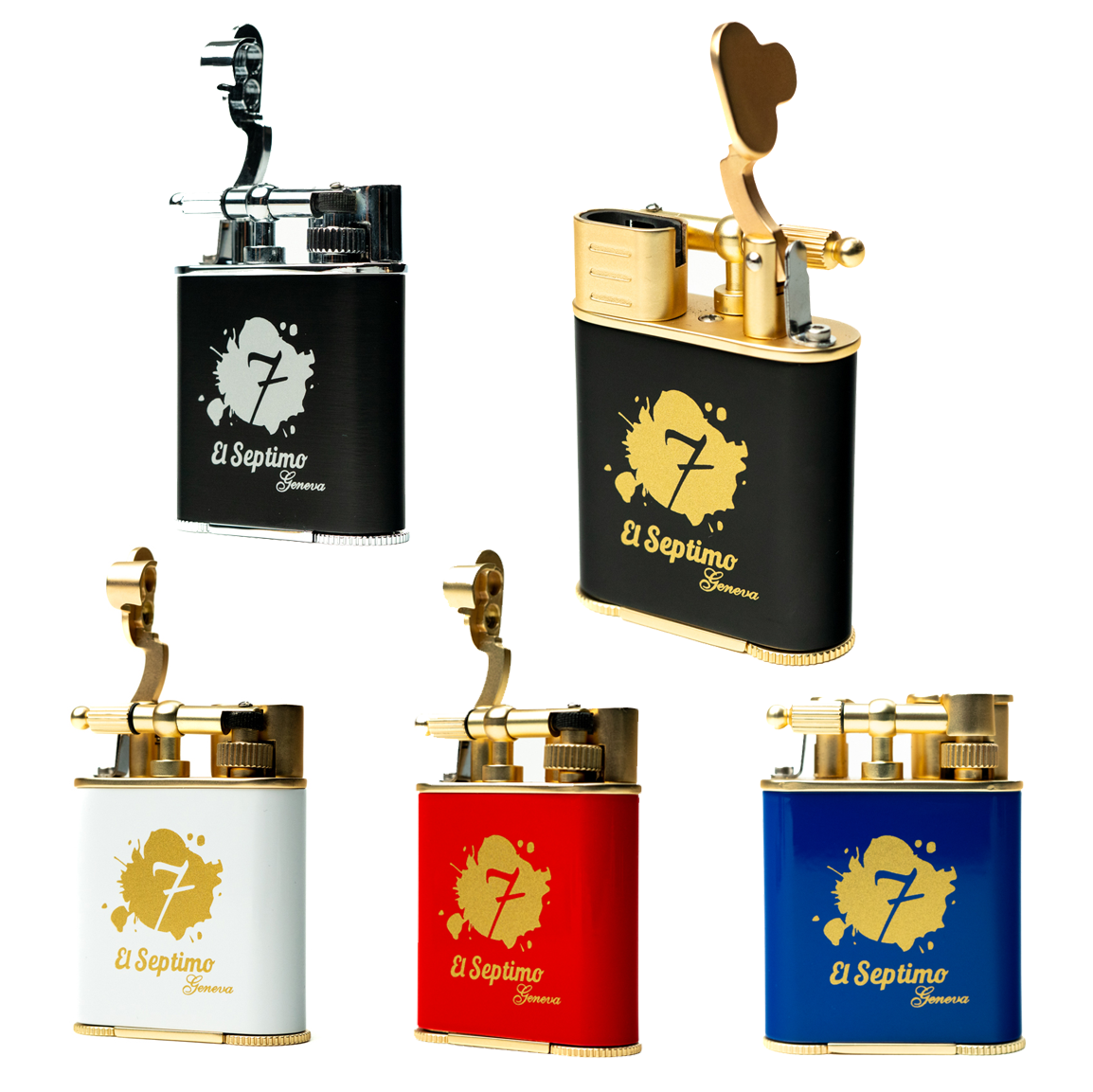 El Septimo Double Jet Torch Lighter &amp; Punch, a high-end cigar accessory in red, white, blue, black