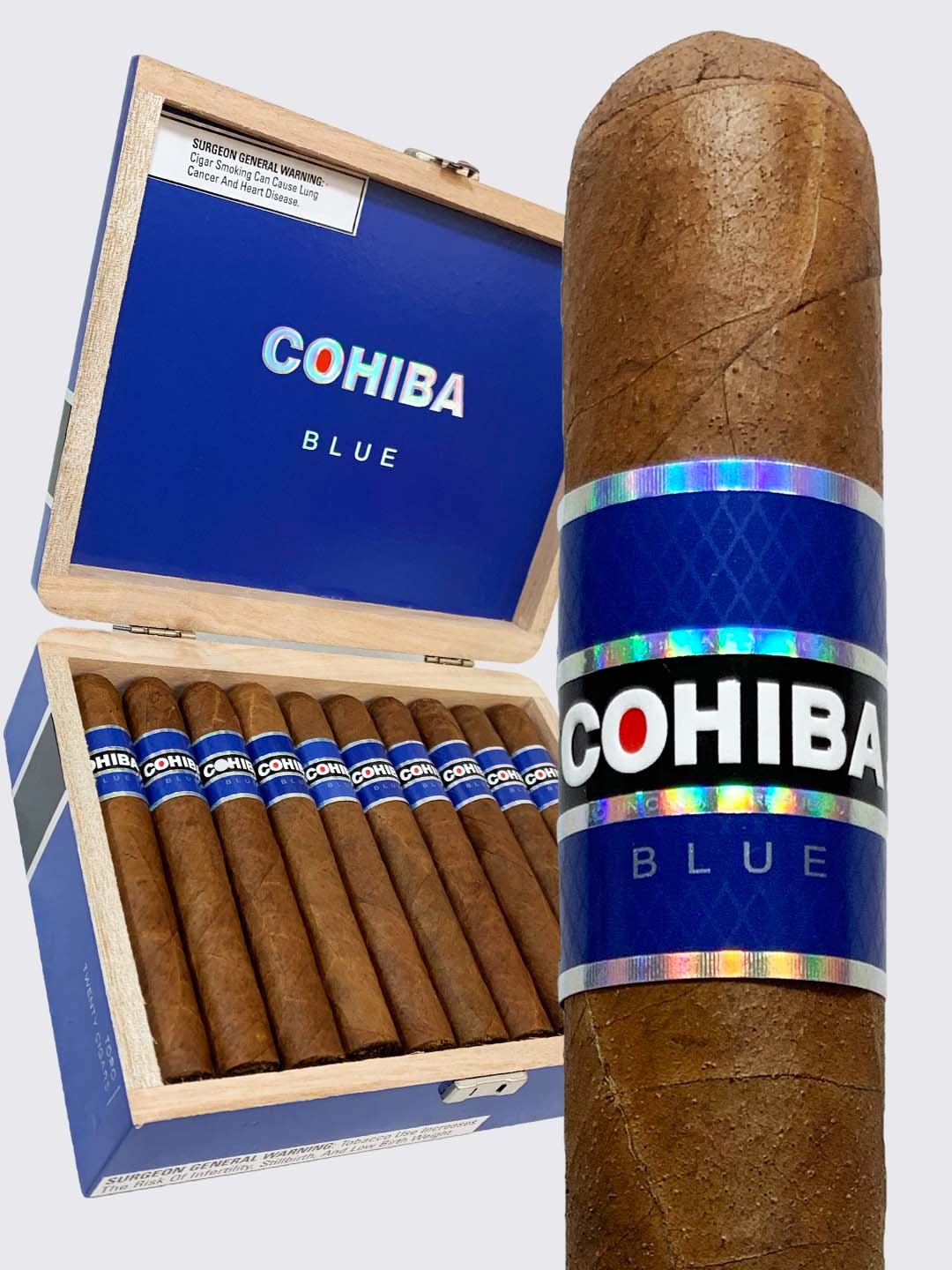 box of cohiba blue cigars and one single cigar on the side