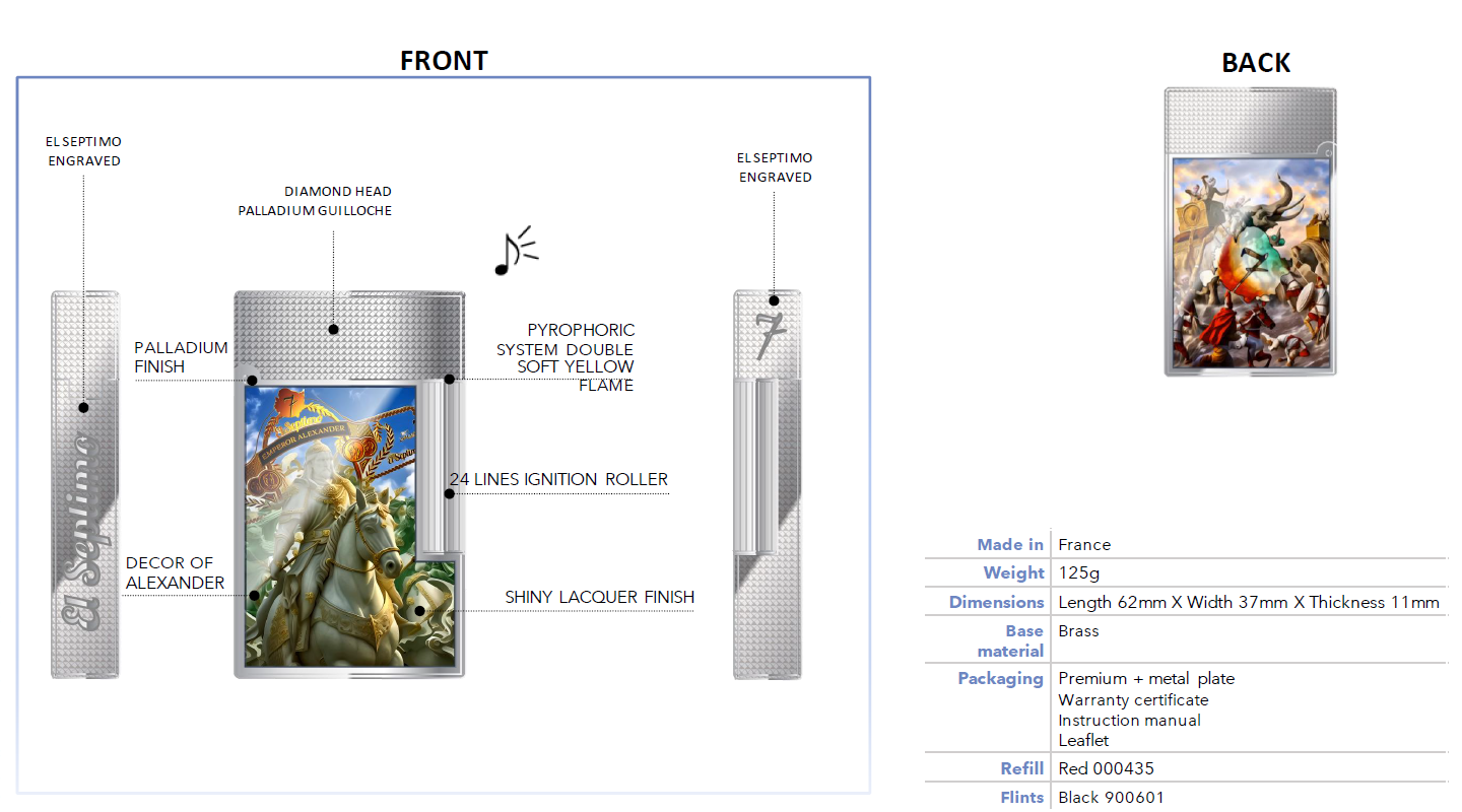 Luxury cigar lighter with palldium finish featuring Emperor Alexander III of Macedon