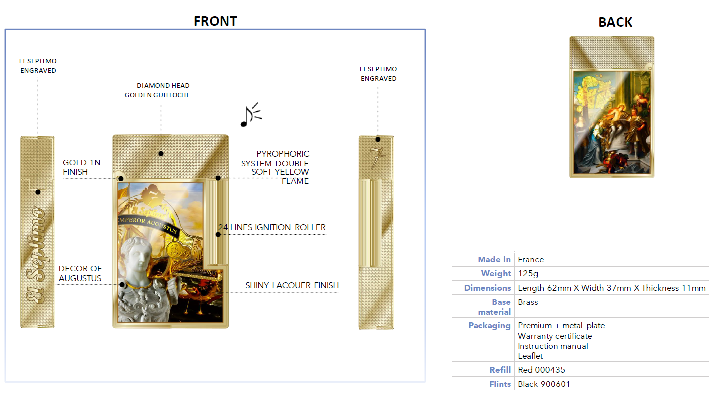information sheet for el septimo X ST dupont emperor augustus cigar lighet showing weight, dimenstions, front and back specifications.