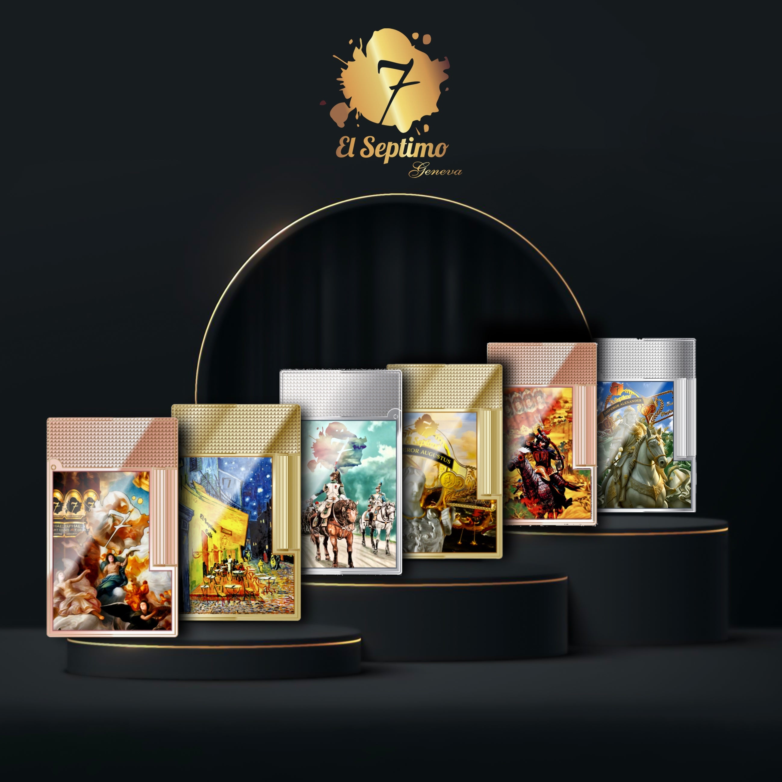 Photo of entire S.T. Dupont x El Septimo Limited Edition Emperor Collection Cigar Lighters with photos of 6 high end cigar lighters made of solid brass and finished with gold, rose gold or palladium against a black and gold background.