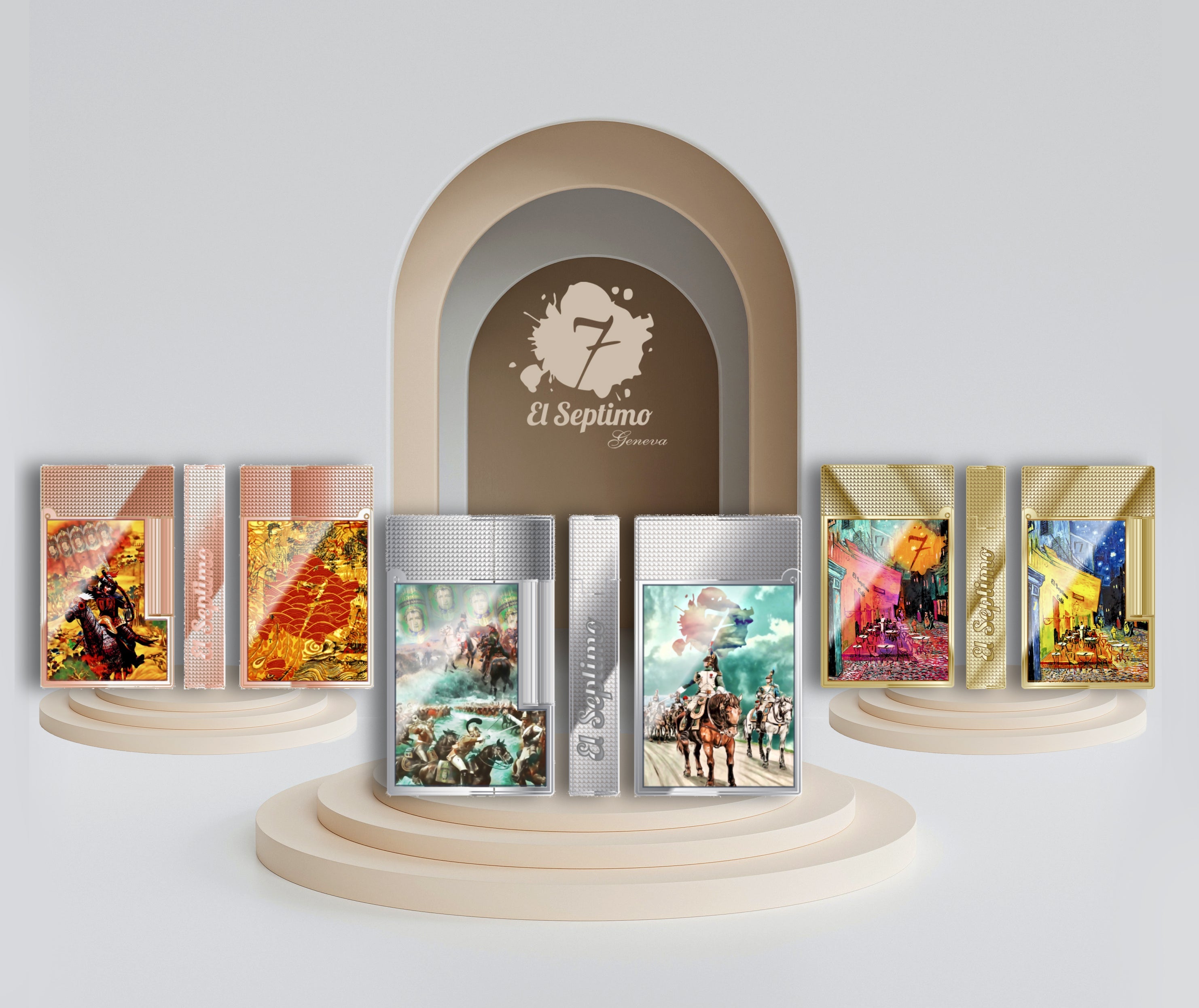 Photo of 3 lighters from the S.T. Dupont x El Septimo Limited Edition Emperor Collection Cigar Lighter with the rose gold, gold and palladium finishes.