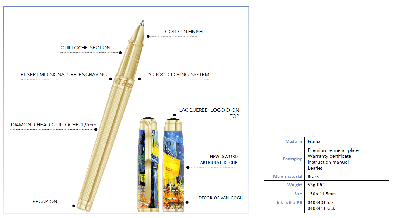 details of the X ST Dupont Van Gogh Rollerball Pen inlcluding weight, size, material and where it's made.