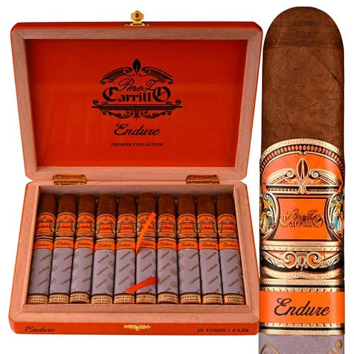 box of 10 E.P. Carrillo Endure cigars and a single cigar on the side