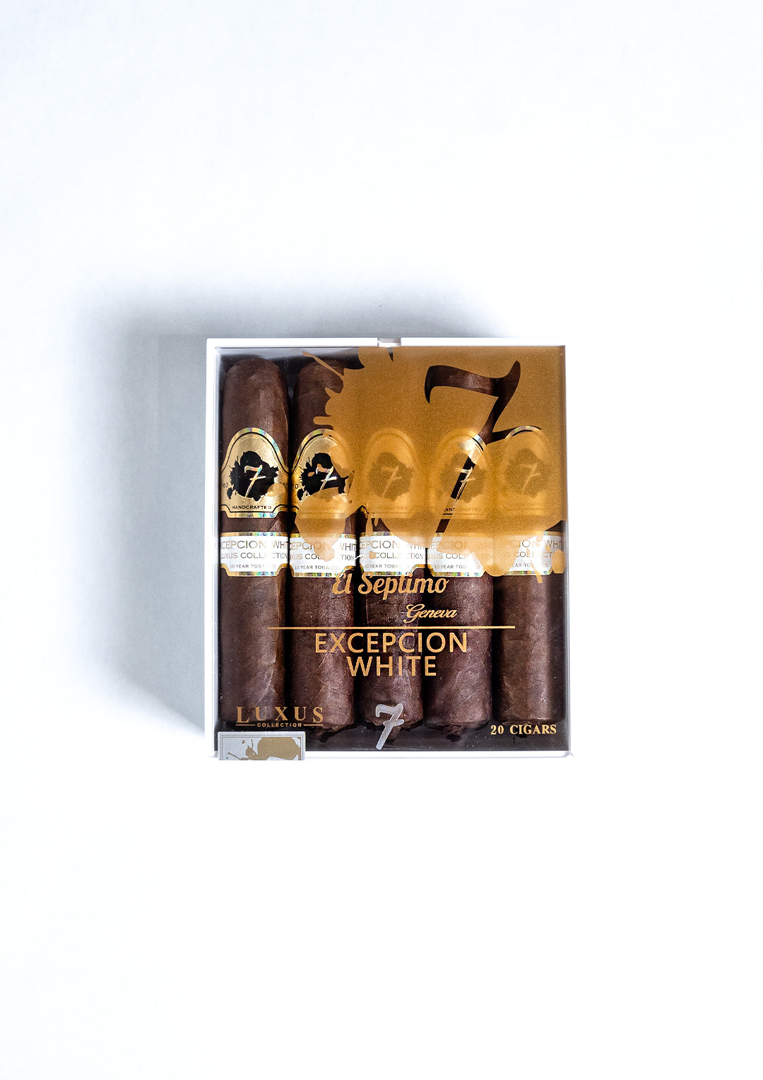 Closed box of 20  El Septimo Excepcion White cigars in a clear and gold box