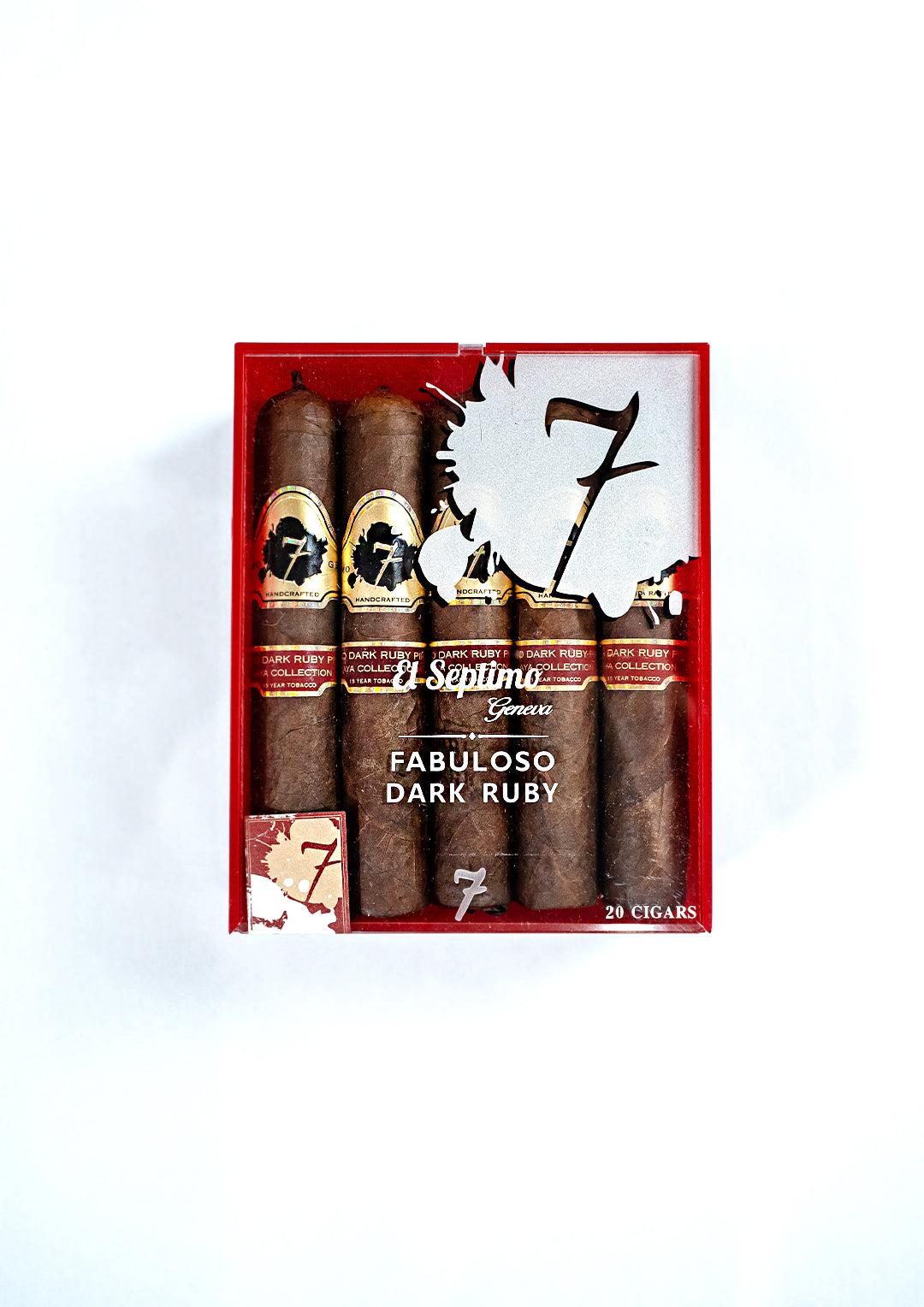 Pack of 20 El Septimo Fabuloso Dark Ruby cigars with a red box on a white background
