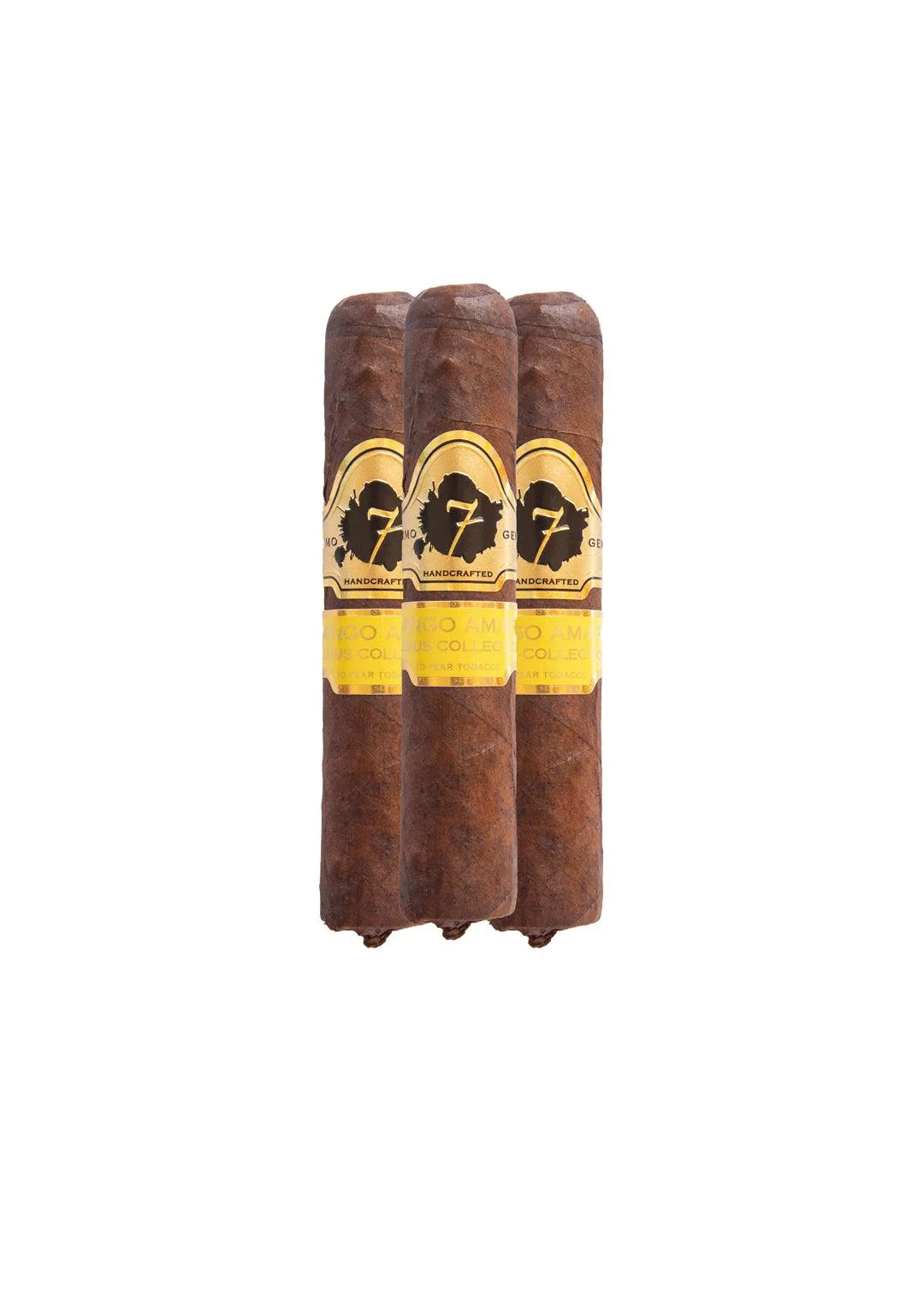Three El Septimo Flamingo Amarillo cigars with yellow labels on a white background