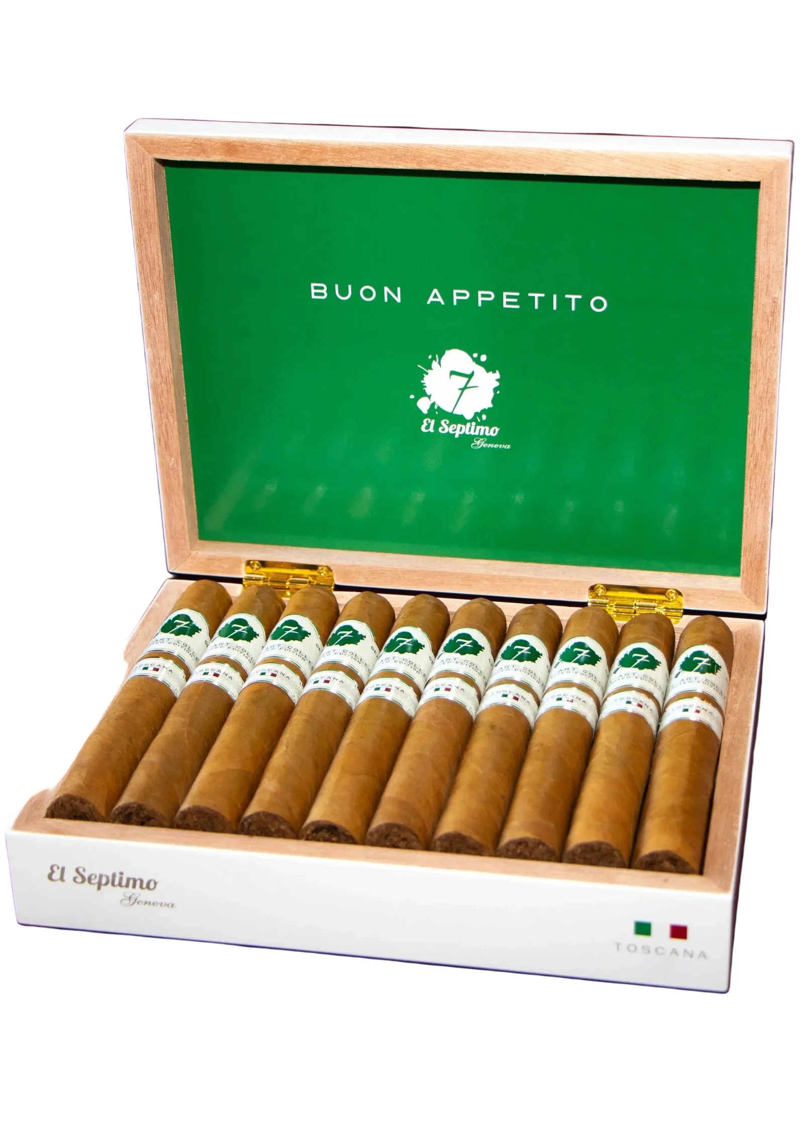 Box of El Septimo Italy Toscana Toro cigars with white and green bands inspired by the Italian flag with the words Buon Appetito in white against a green background