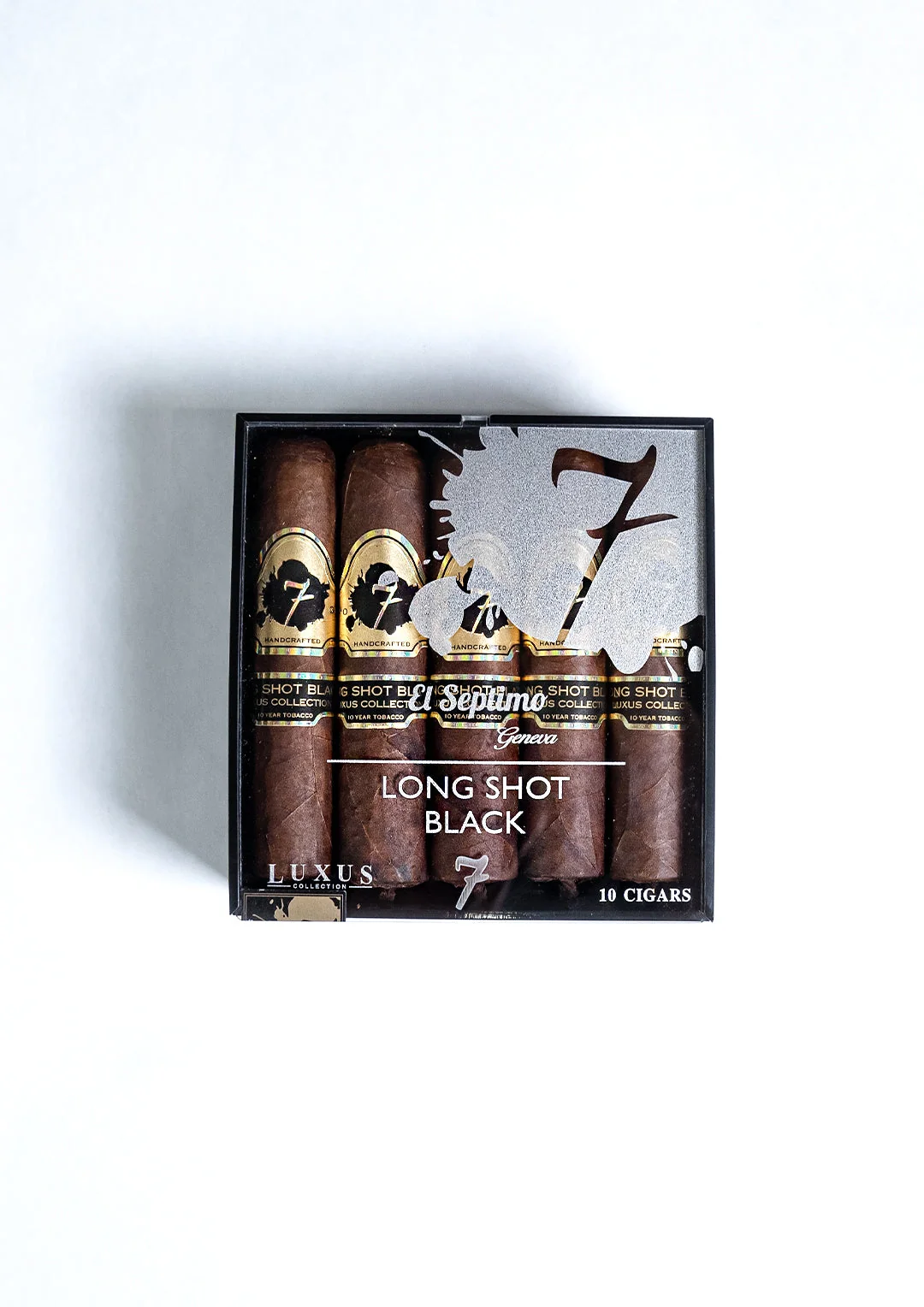 A clear box of 10  El Septimo Long Shot Black cigars