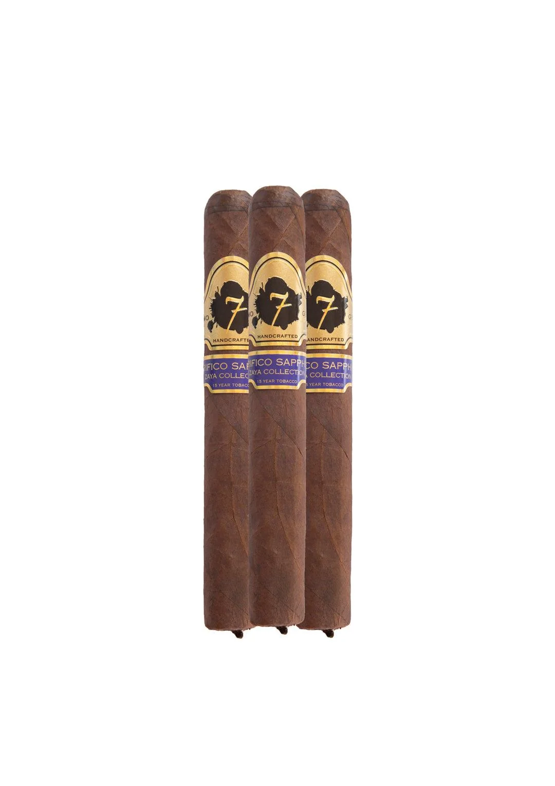 Three Mirifico Sapphire El Septimo Cigars with purple and gold wrappers