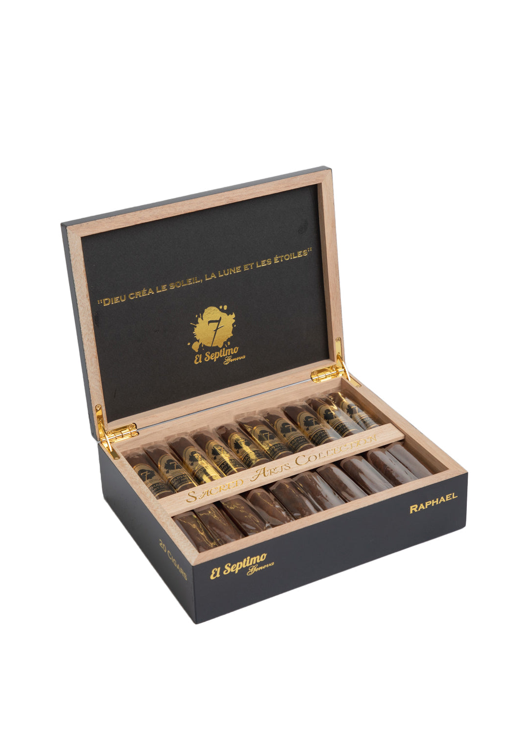 Open box of black and gold El Septimo Raphael  cigars
