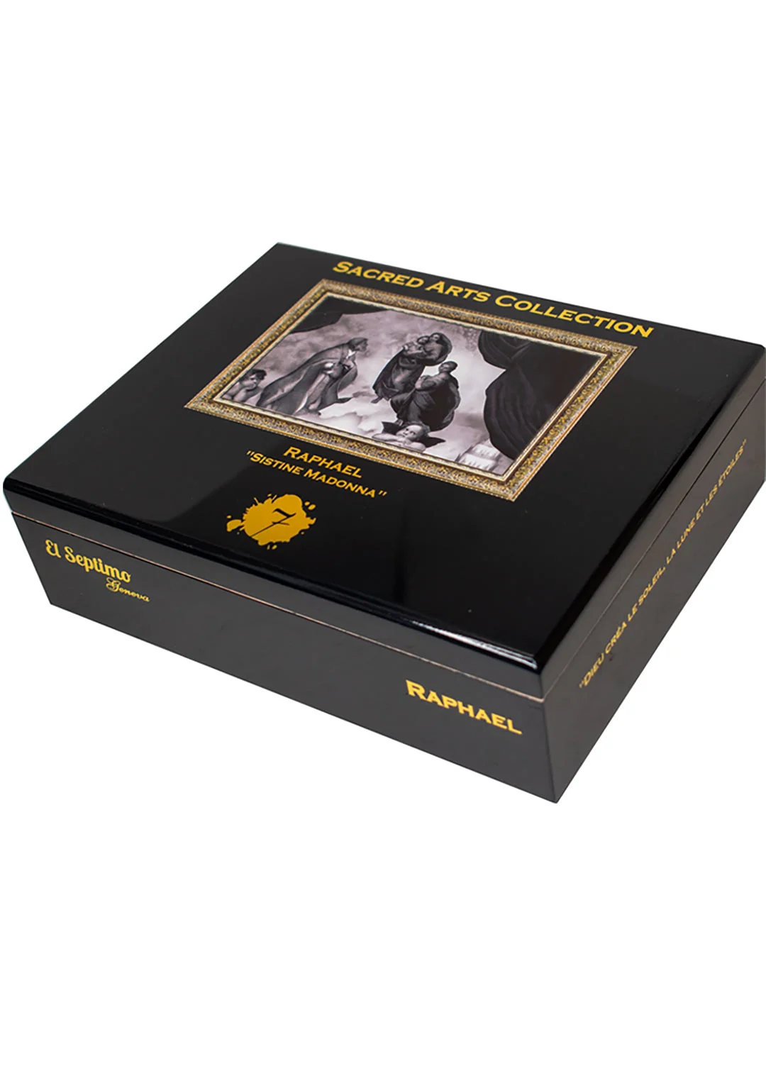 closed black and gold box of sacred arts collection Raphael cigars
