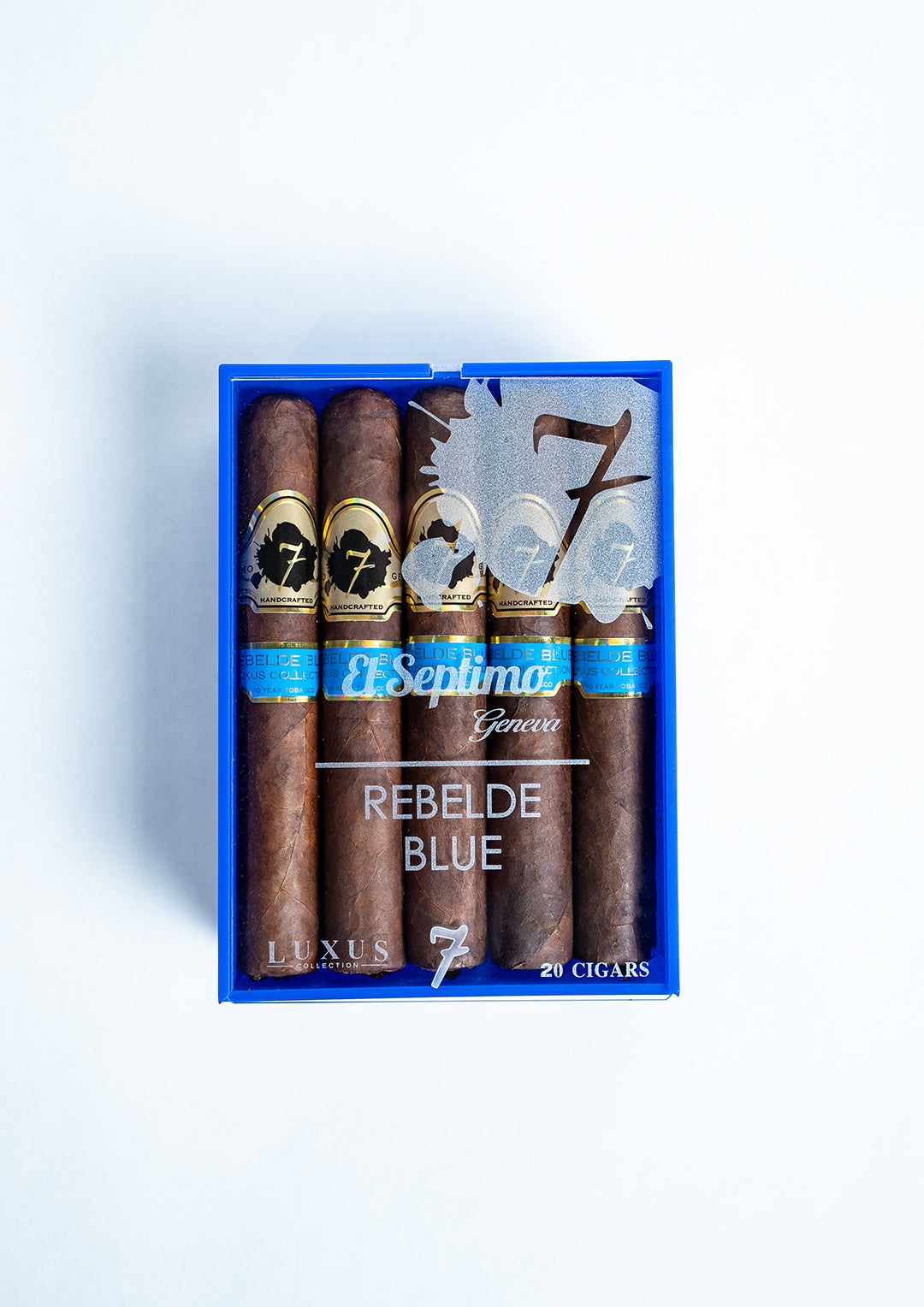 closed blue and clear box of 20 El Septimo Rebelde Blue cigars