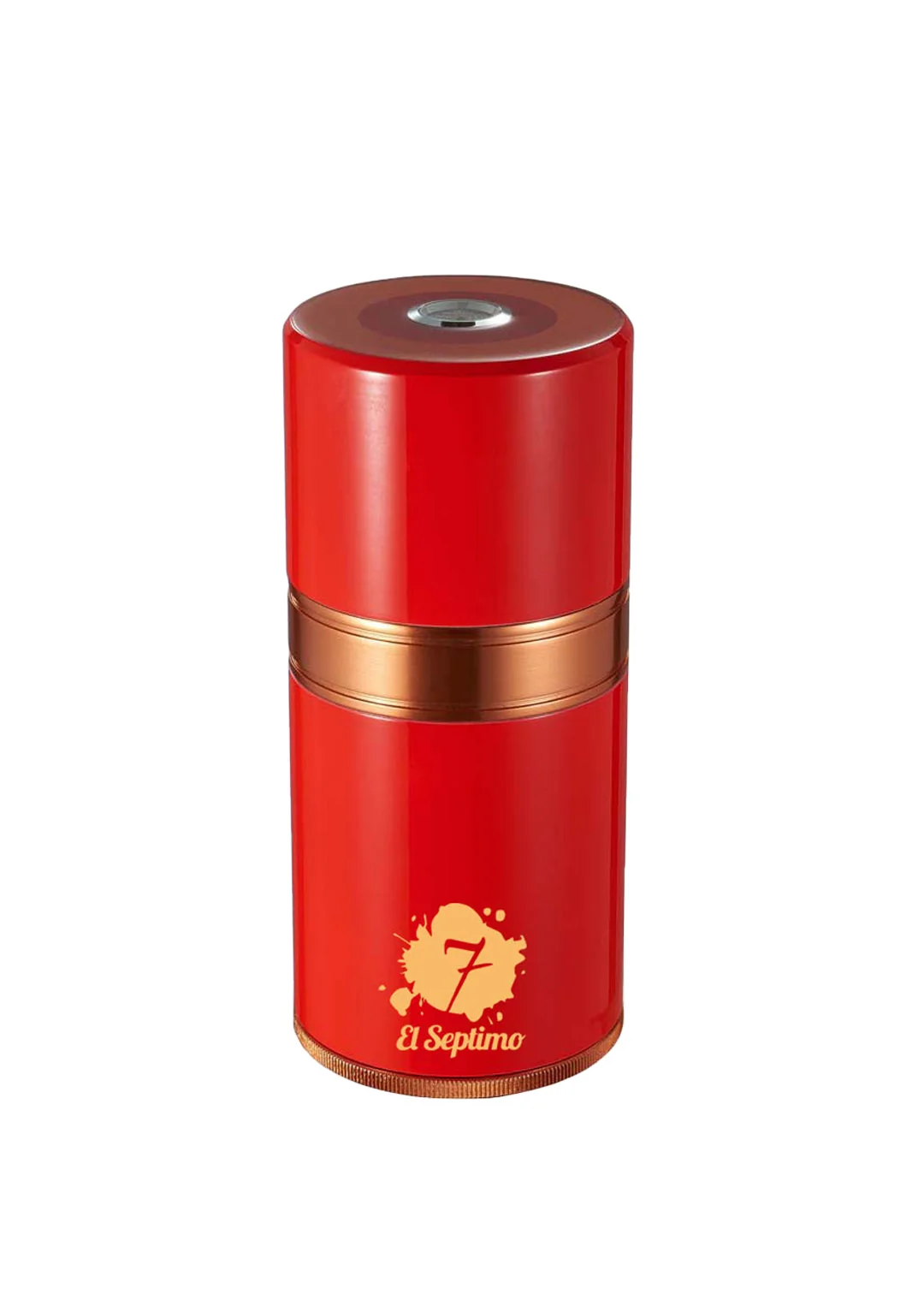Close-up view of red and gold El Septimo ventilated cigar travel tube showcasing detail and finish