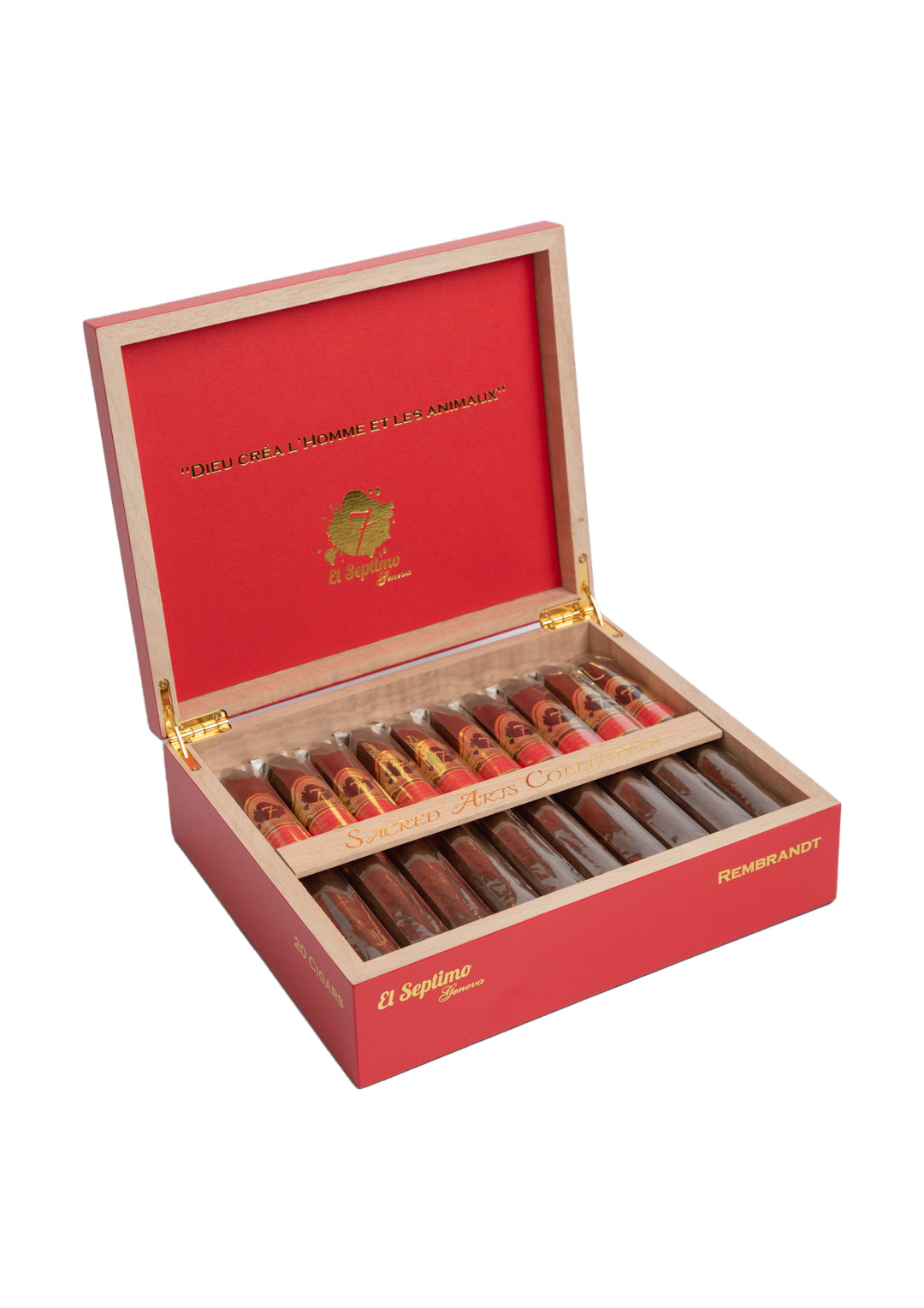 A red and gold box of El Septimo Rembrandt cigars open to show multiple cigars inside with a wooden finish and red interior lining.